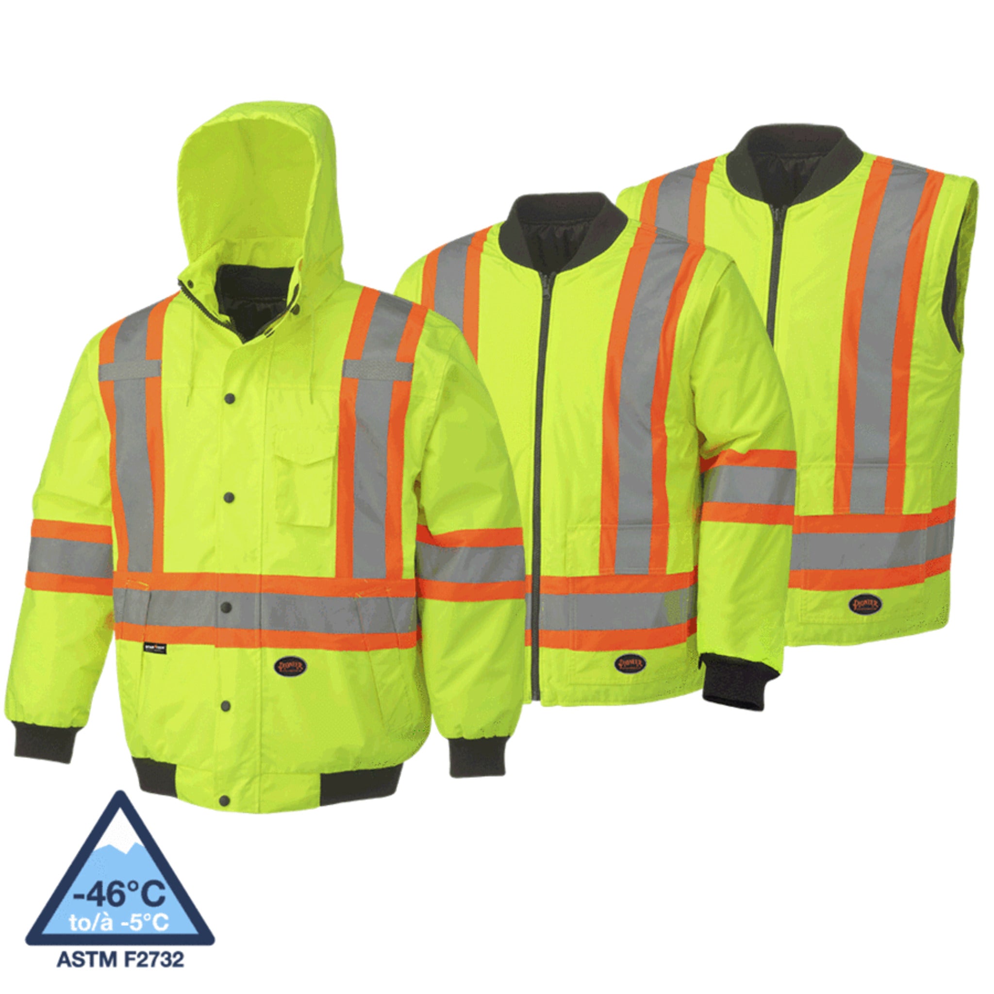 Hi vis 6 in 1 winter work jacket showing multiple wear configurations