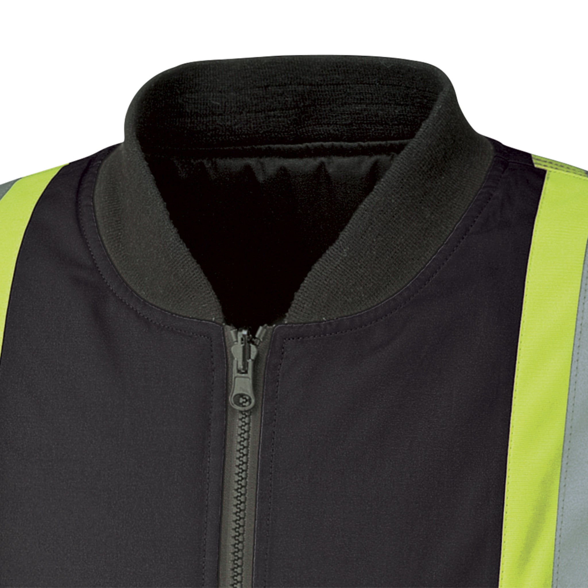 Hi vis winter work bomber jacket collar and zipper detail