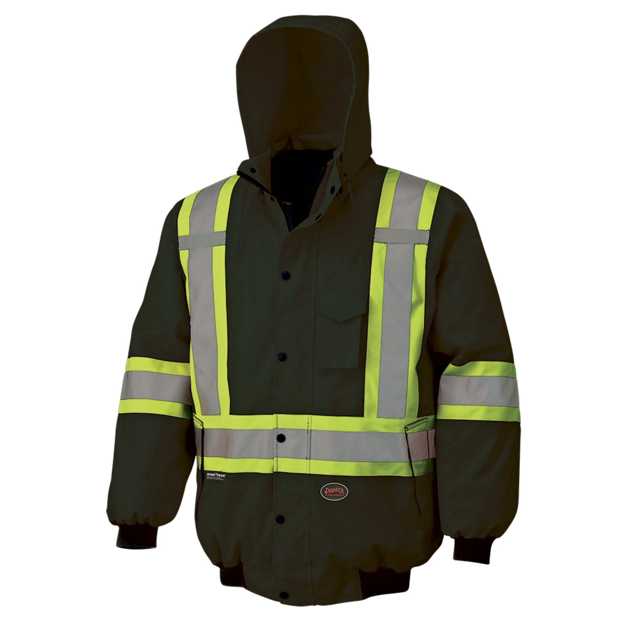 Men’s hi vis winter work bomber jacket with hood and reflective stripes
