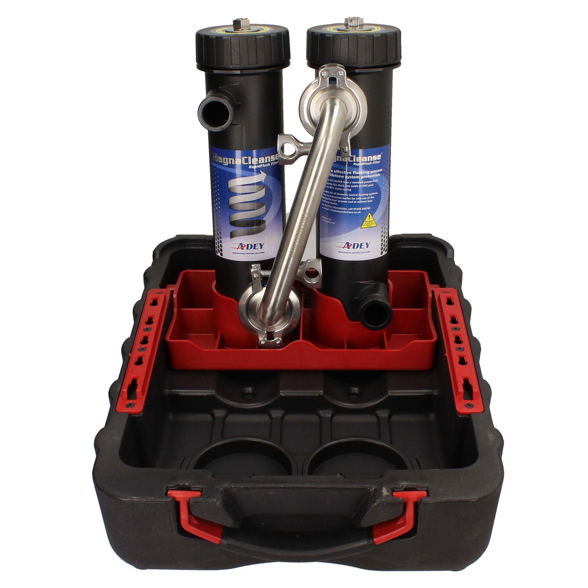 MagnaCleanse filter open case showing heating system flushing equipment and accessories