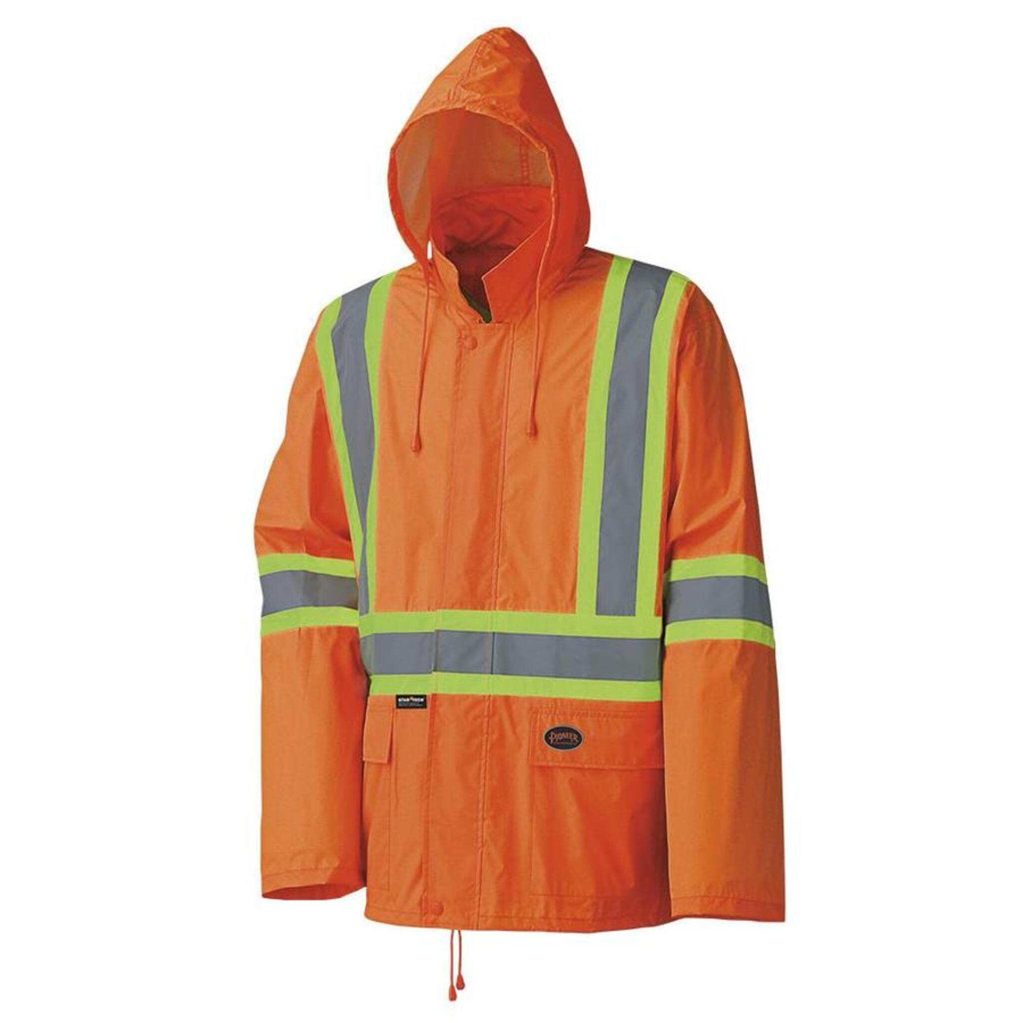 Orange hi-vis rain jacket with reflective stripes