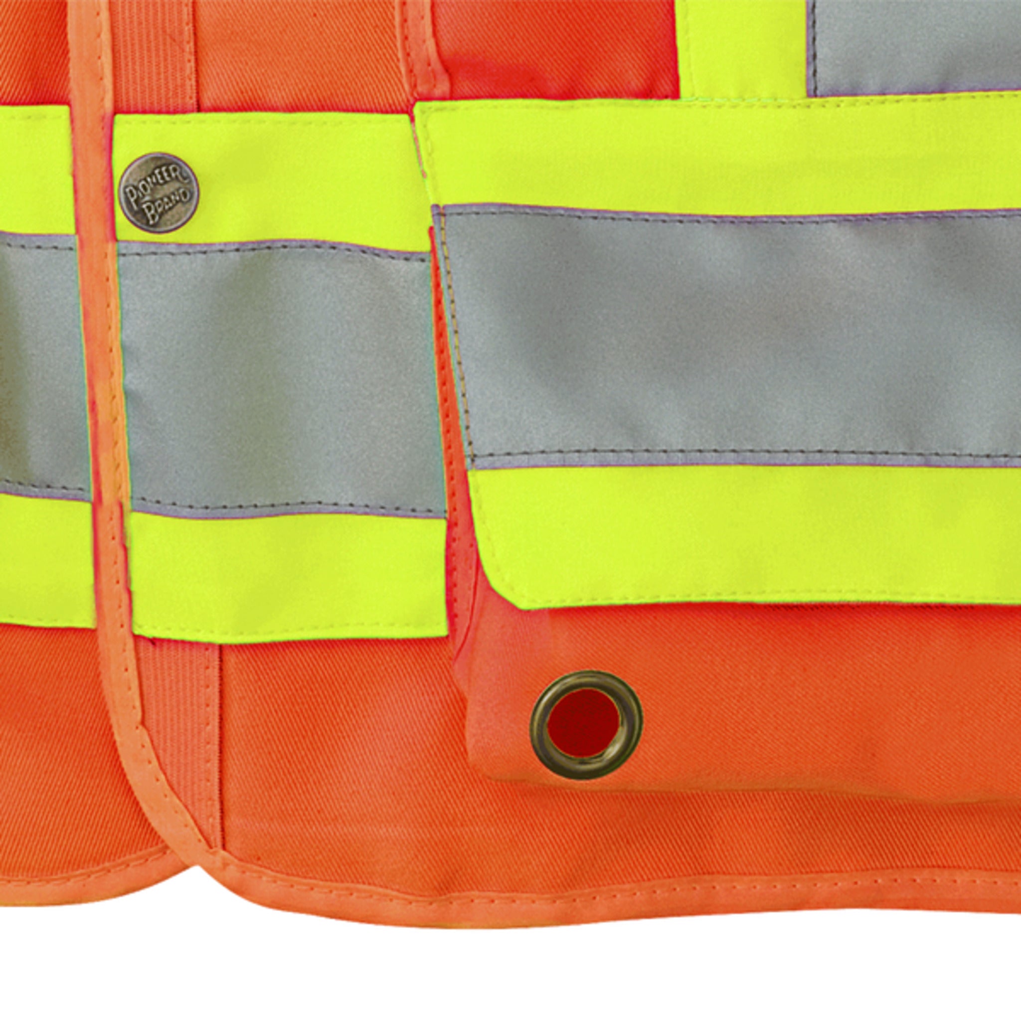Pioneer 6693 Hi-Vis Orange Safety Vest with reinforced lower pocket, pen slots, and reflective trim for jobsite functionality.
