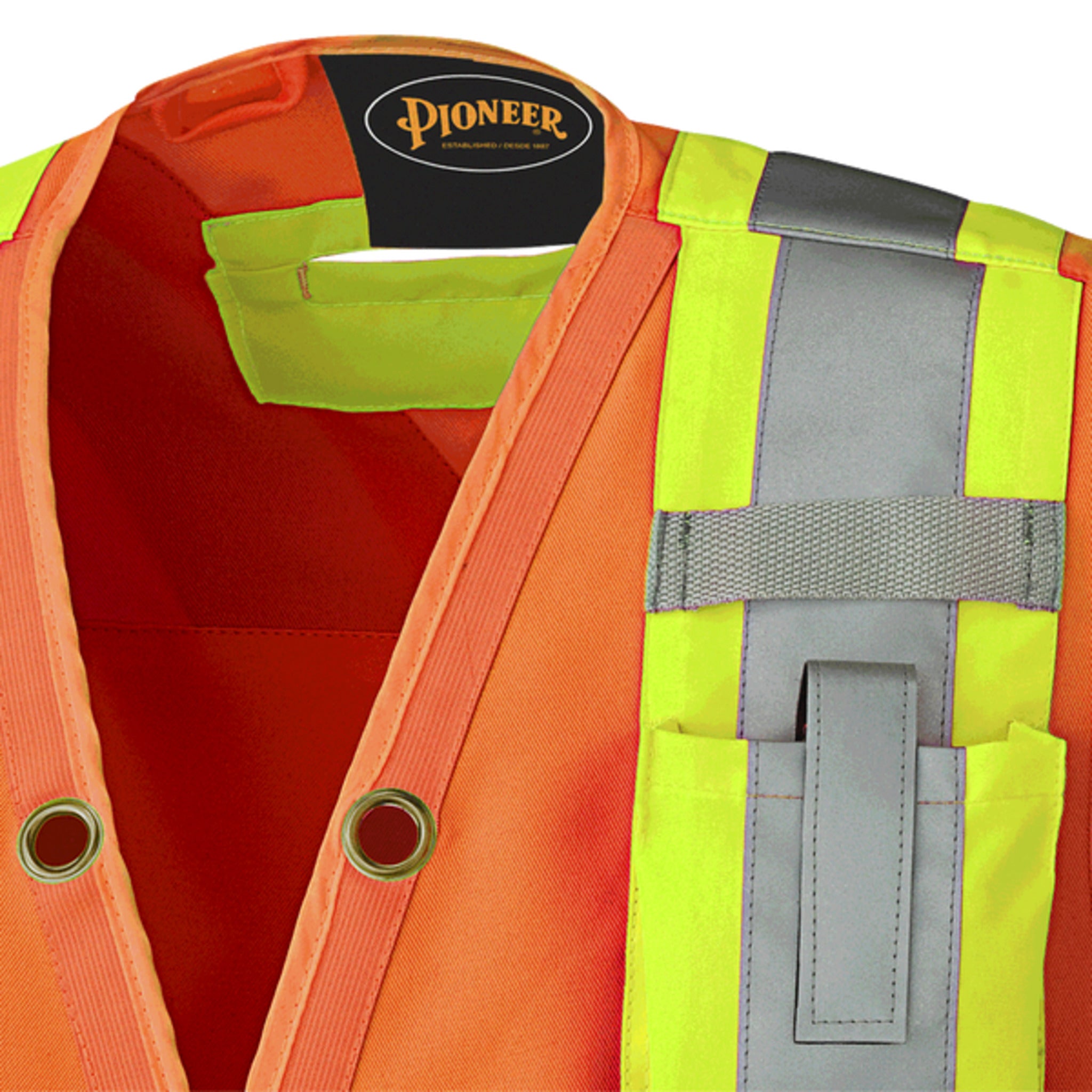 Close-up of Pioneer 6693 Orange Hi-Vis Surveyor Vest chest pocket, brass snap closure, and reflective tape detailing.