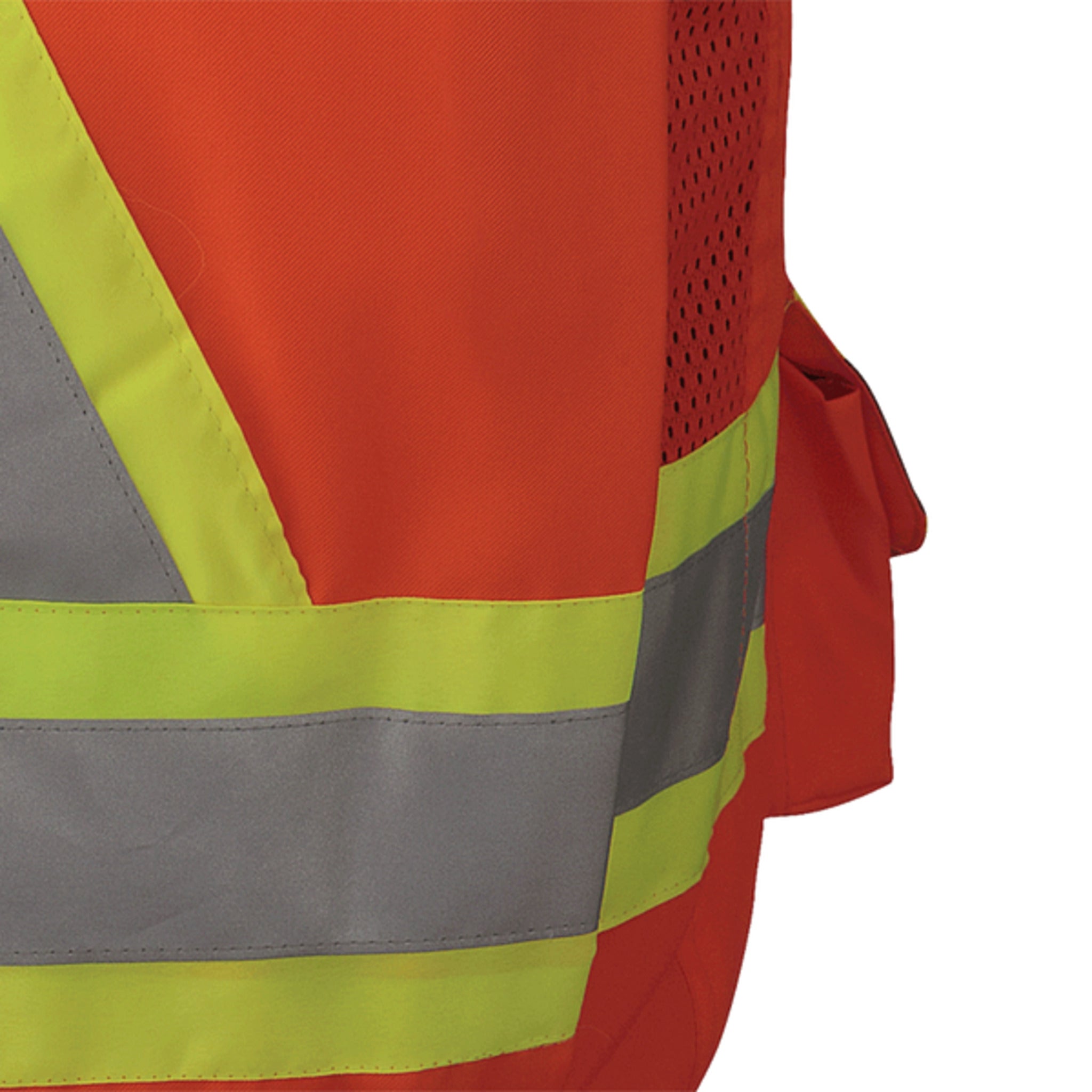 Close-up of Pioneer 6693 Hi-Vis Orange Surveyor Vest with StarTech reflective tape and breathable mesh panel for comfort and visibility.