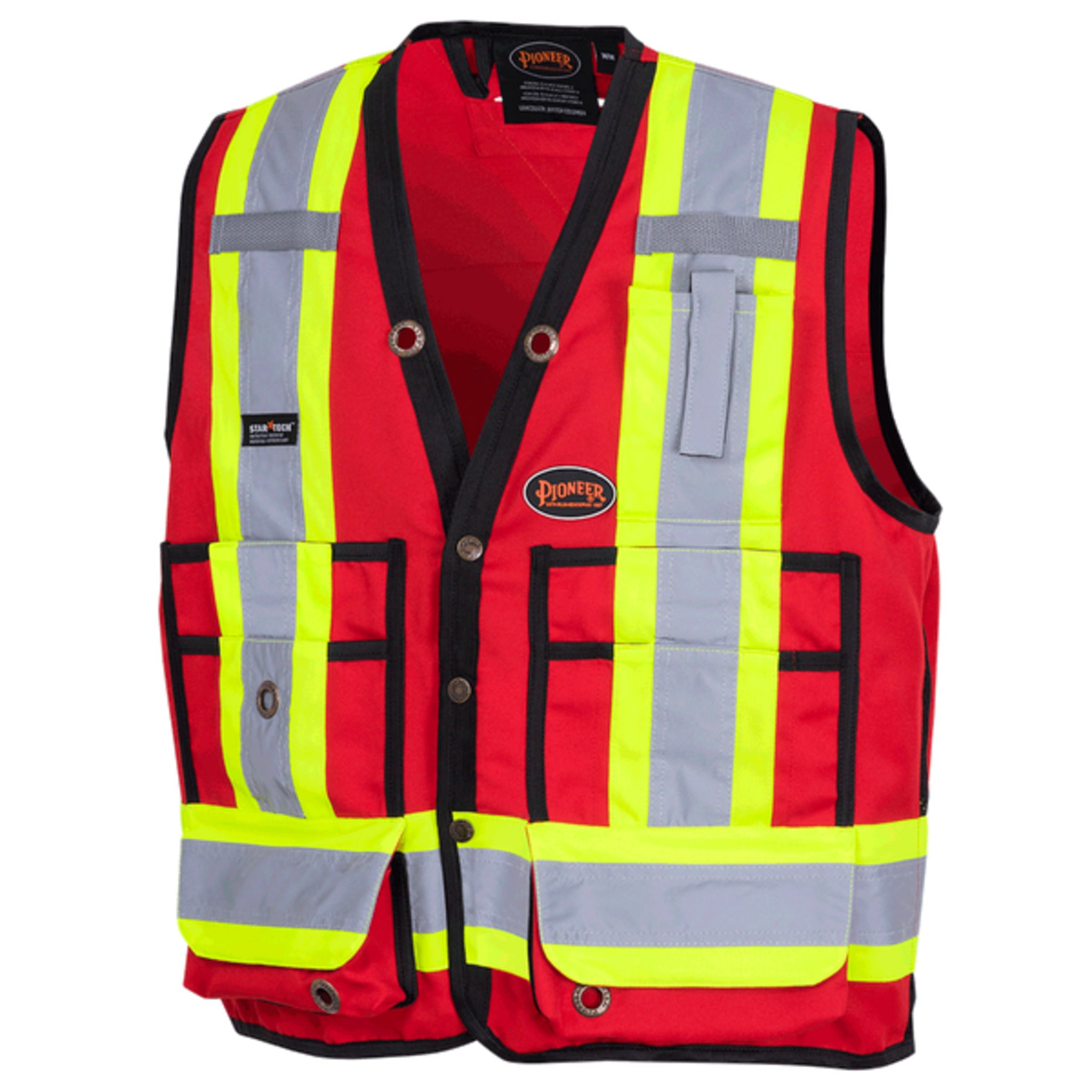 Pioneer 6693 Hi-Vis Red Safety Surveyor Vest featuring StarTech reflective tape and multi-pocket design for professional visibility and durability.