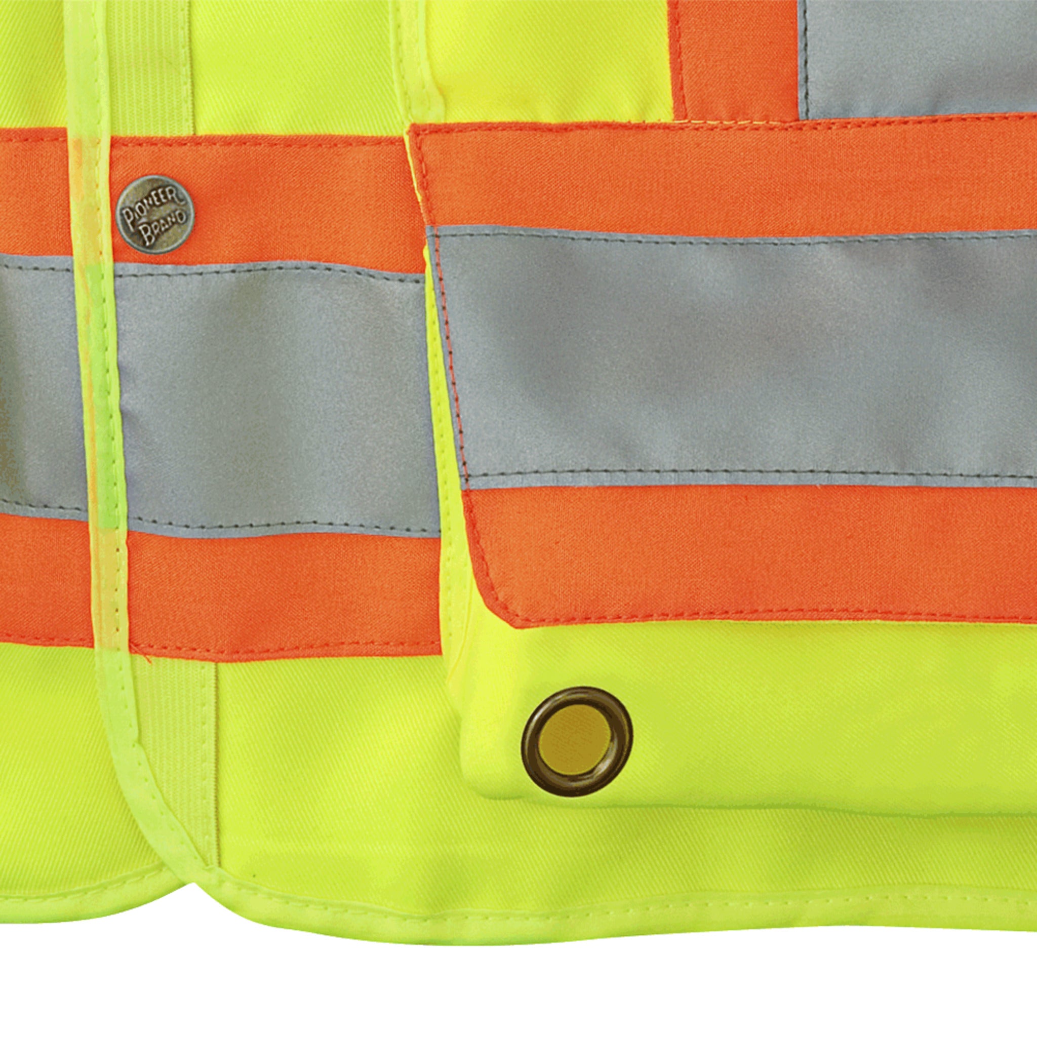 Detailed view of Pioneer 6693 Hi-Vis Safety Vest side pocket with brass snap closure and reinforced stitching.