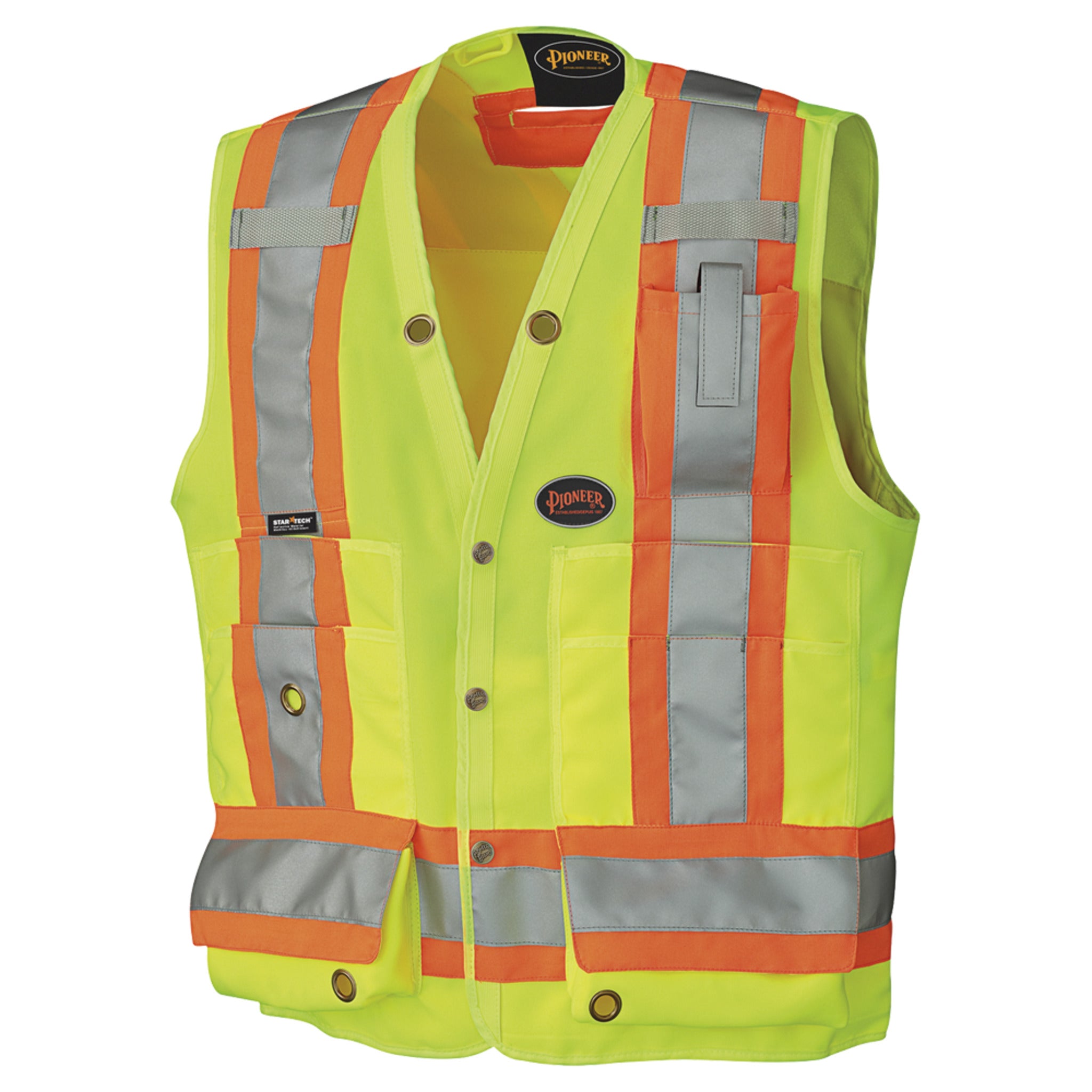Pioneer 6693 Hi-Vis Yellow Surveyor Vest with StarTech reflective tape and multiple utility pockets for safety and visibility.