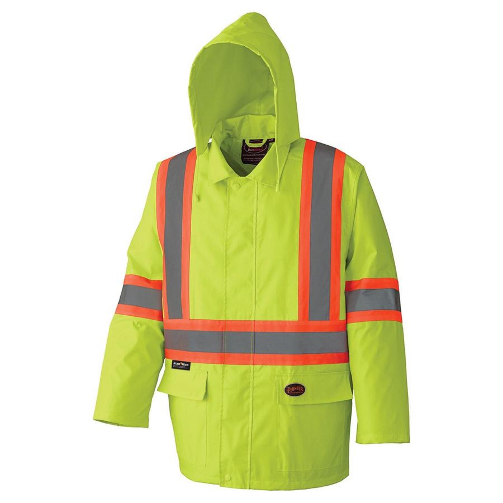 Front view yellow hi-vis waterproof rain jacket