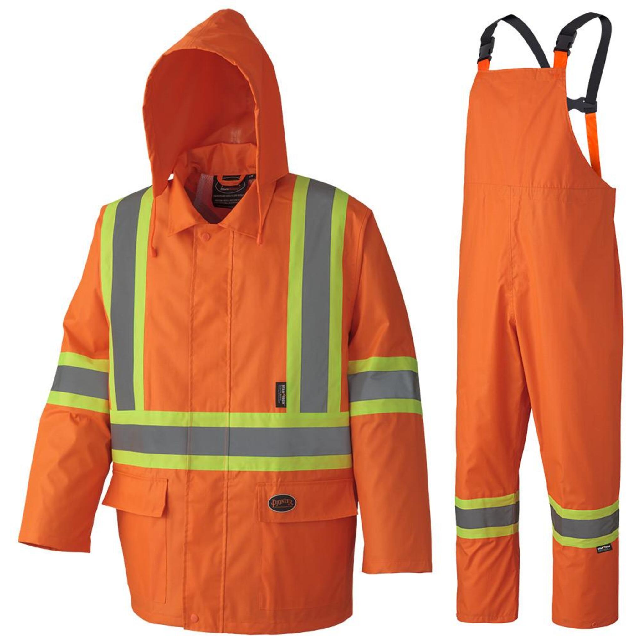 Orange hi-vis waterproof rain suit with hood