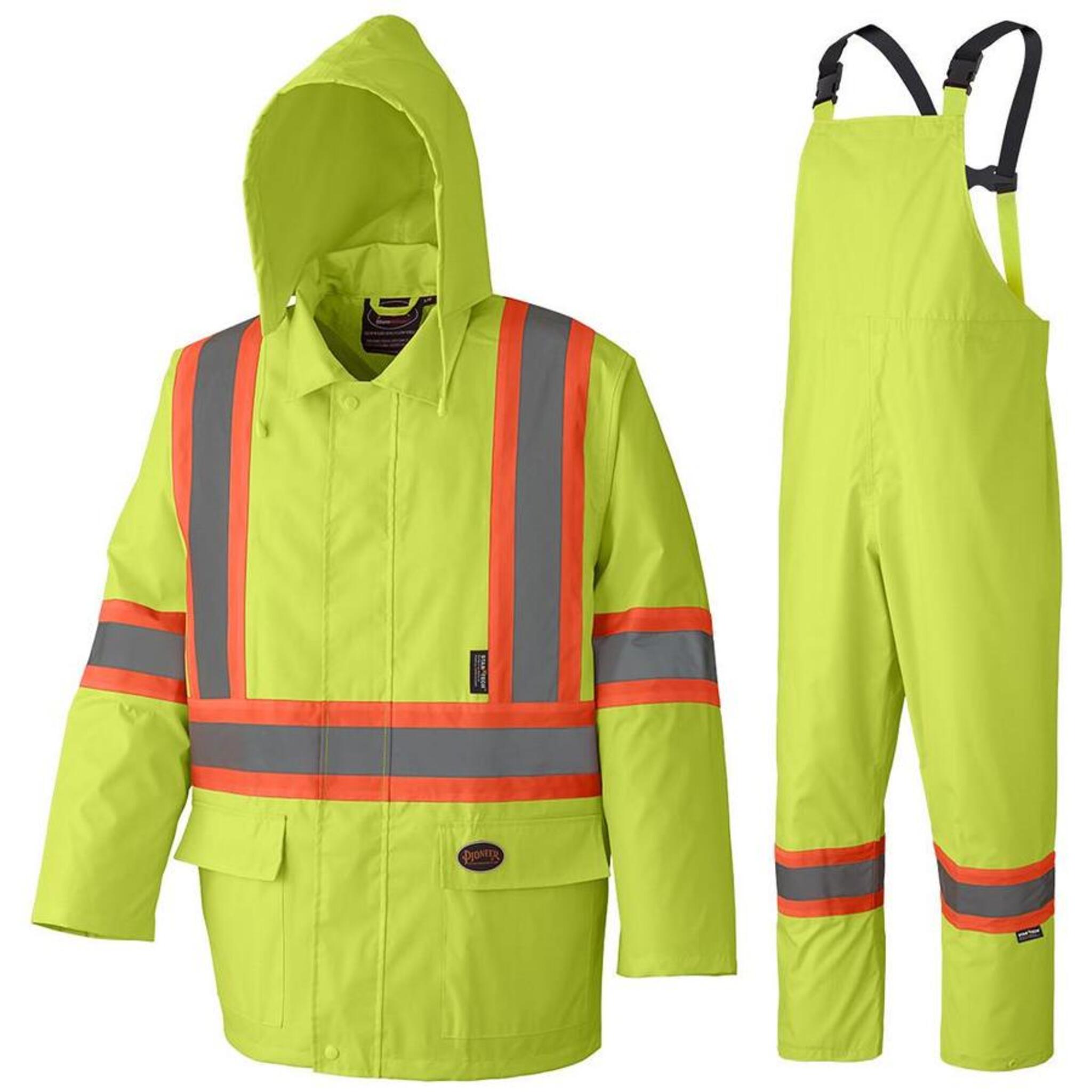Yellow hi-vis waterproof rain suit with hood
