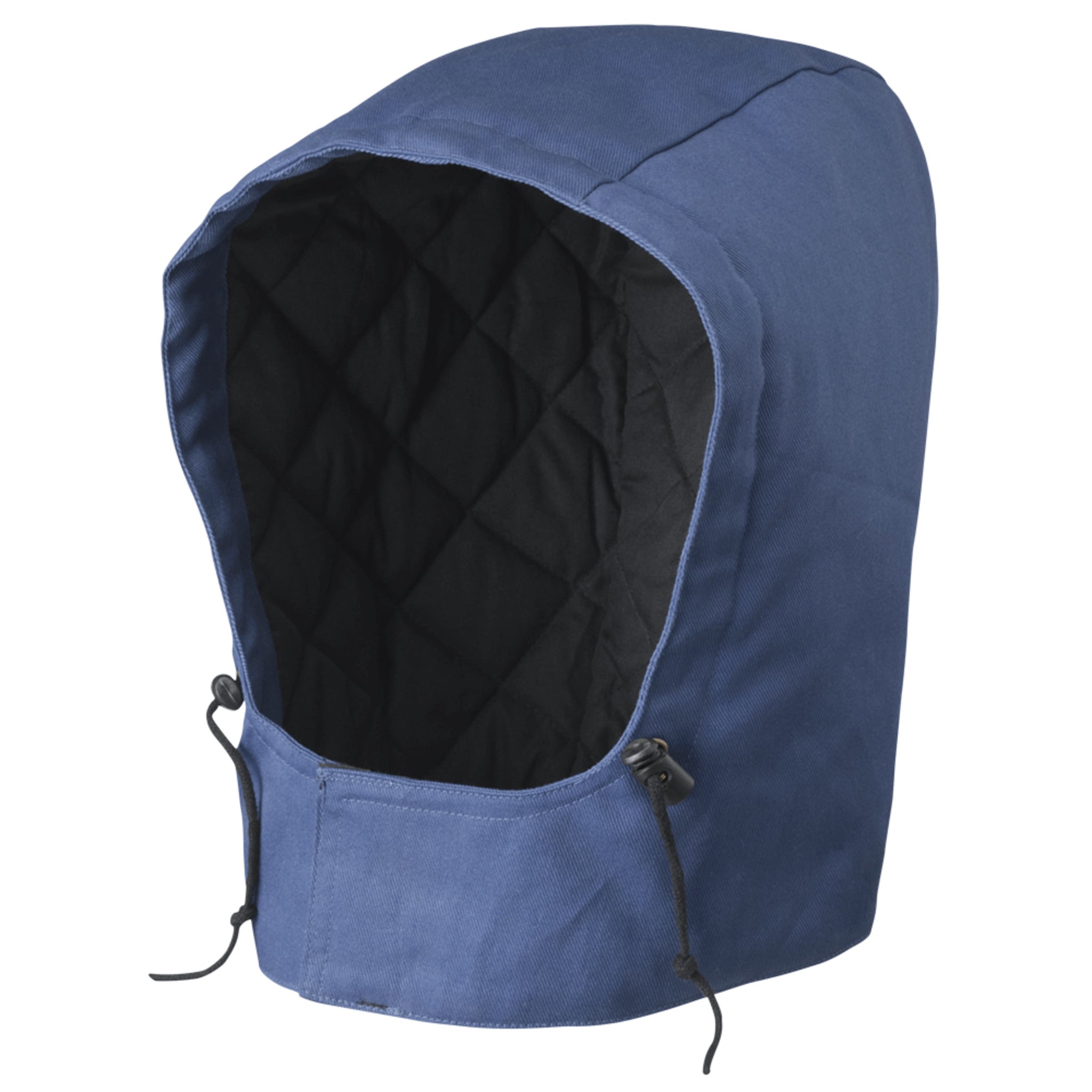 Blue insulated hood showing quilted interior for hi vis safety coveralls
