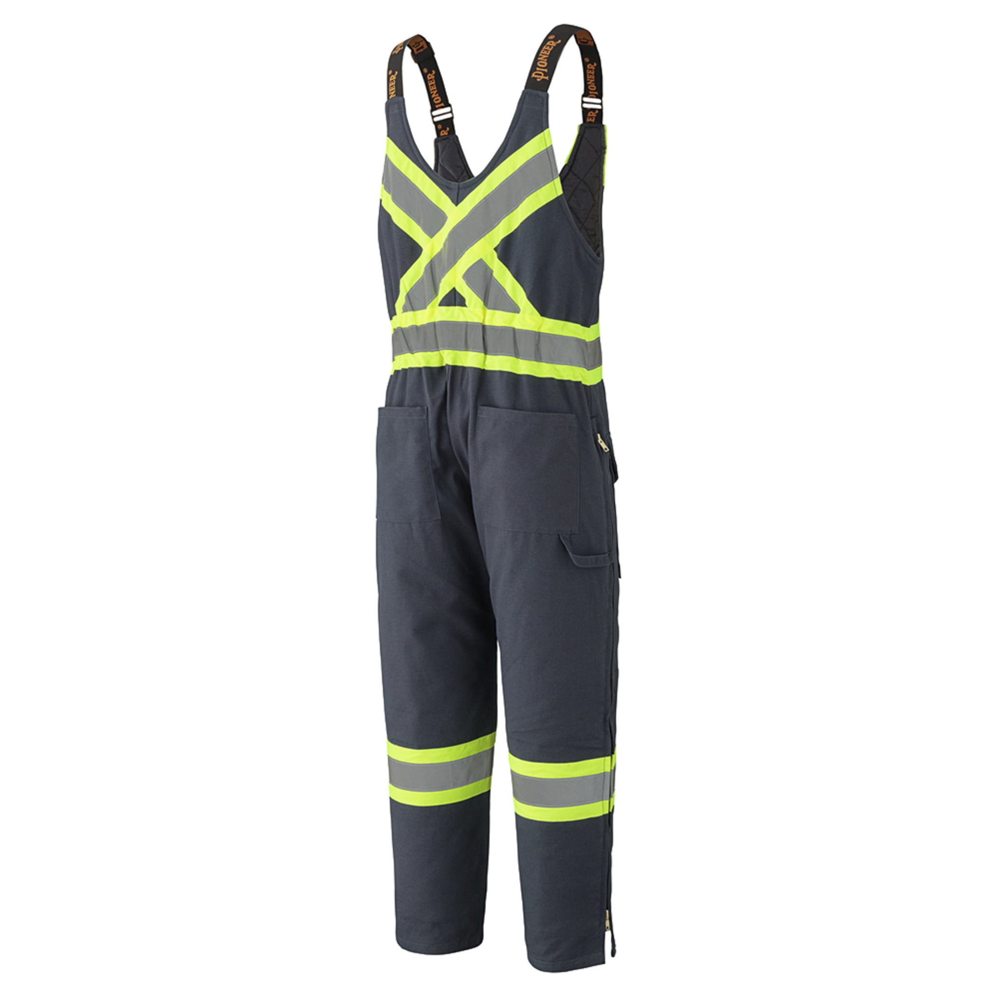 Pioneer men's navy hi vis insulated bib overalls back reflective