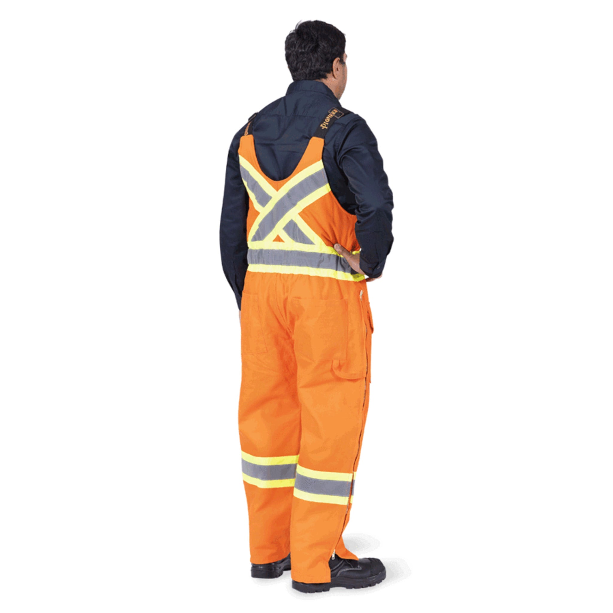 Pioneer orange hi vis bib overalls worn back view model