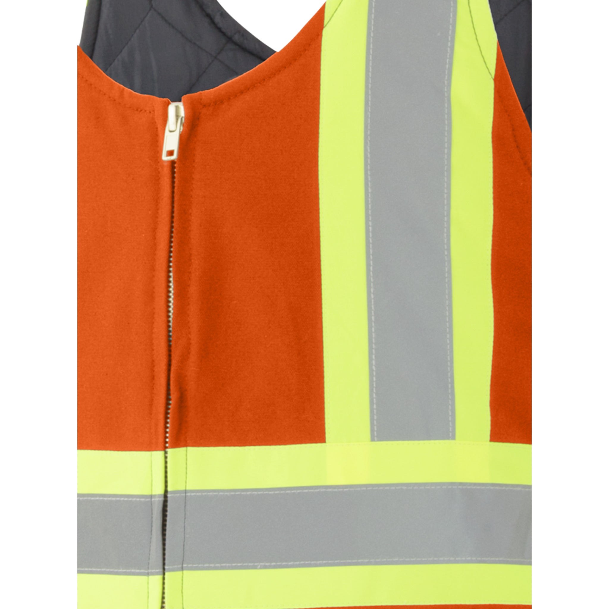 Pioneer orange hi vis bib overalls reflective tape zipper detail