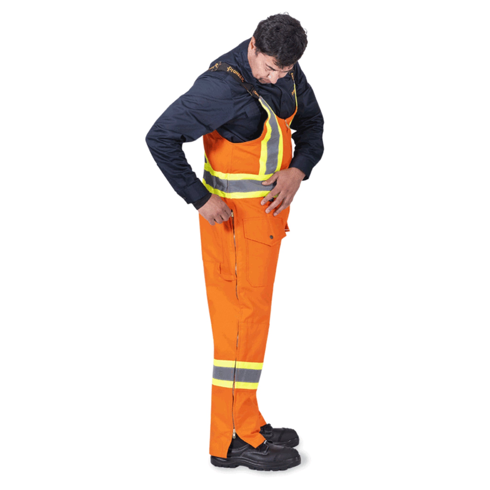 Pioneer orange hi vis bib overalls worn side view model