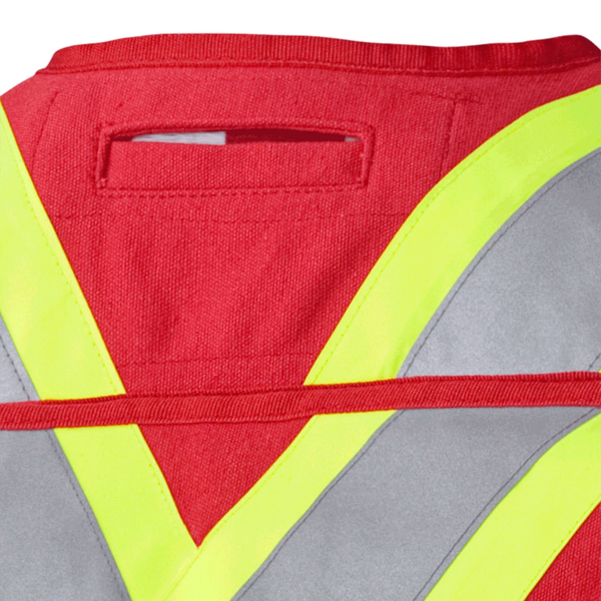 Back view of red hi-vis vest with reflective stripes