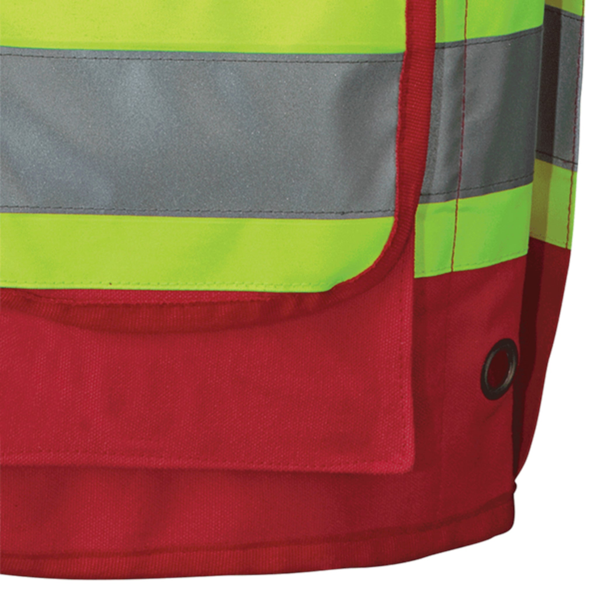 Lower pocket and reflective stripes on red hi-vis vest