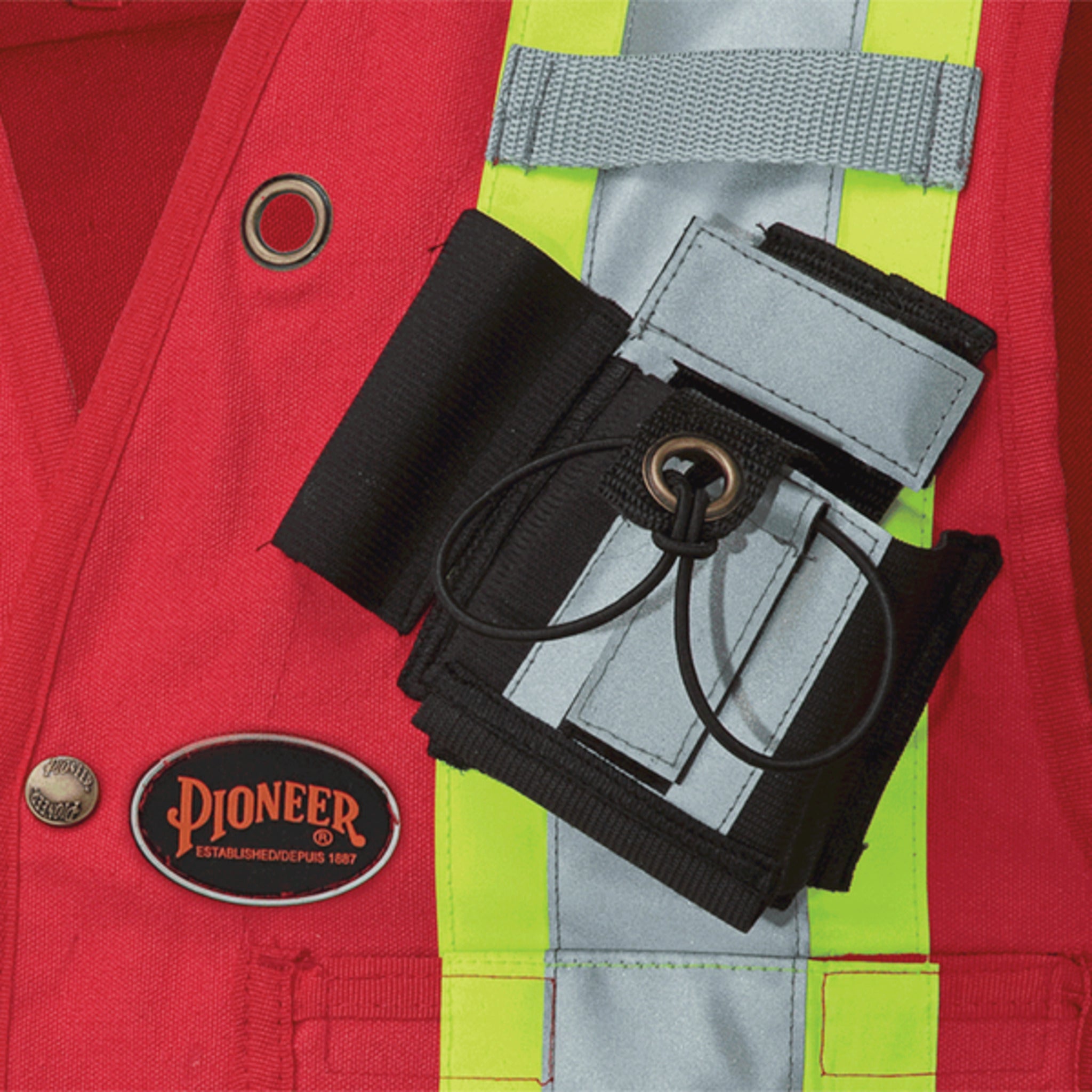 Radio holder and logo on red hi-vis safety vest