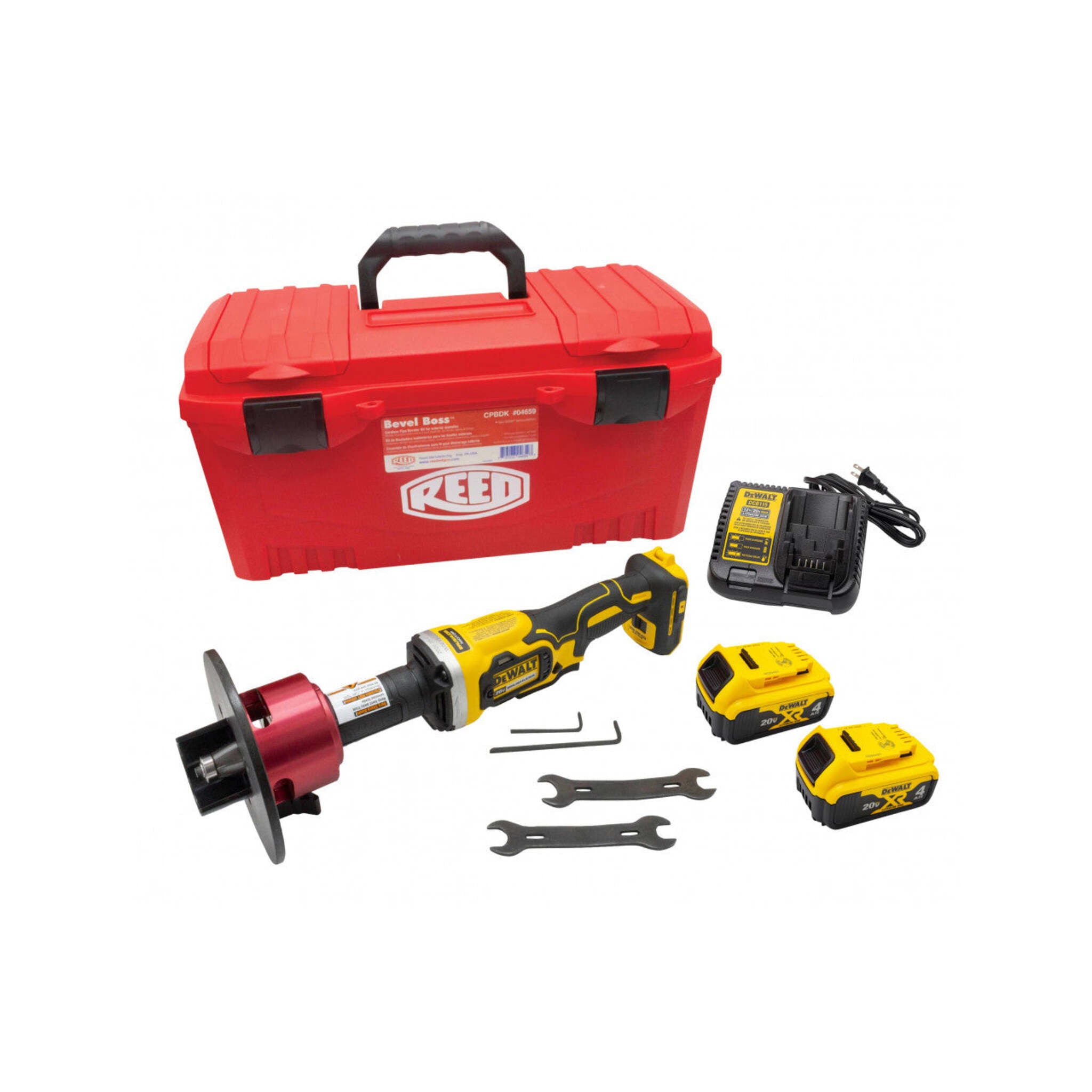 REED Bevel Boss cordless pipe beveler kit with batteries charger case