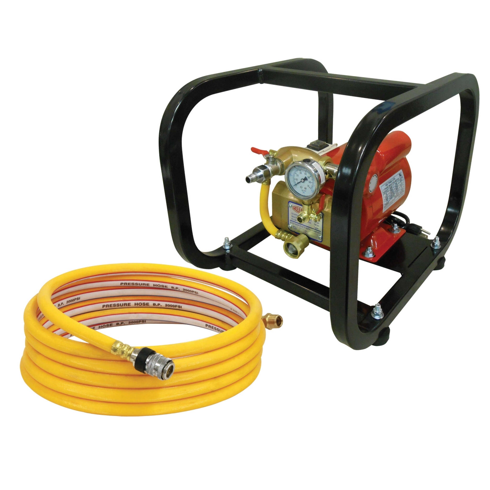 REED electric hydrostatic test pump with protective cage and hose
