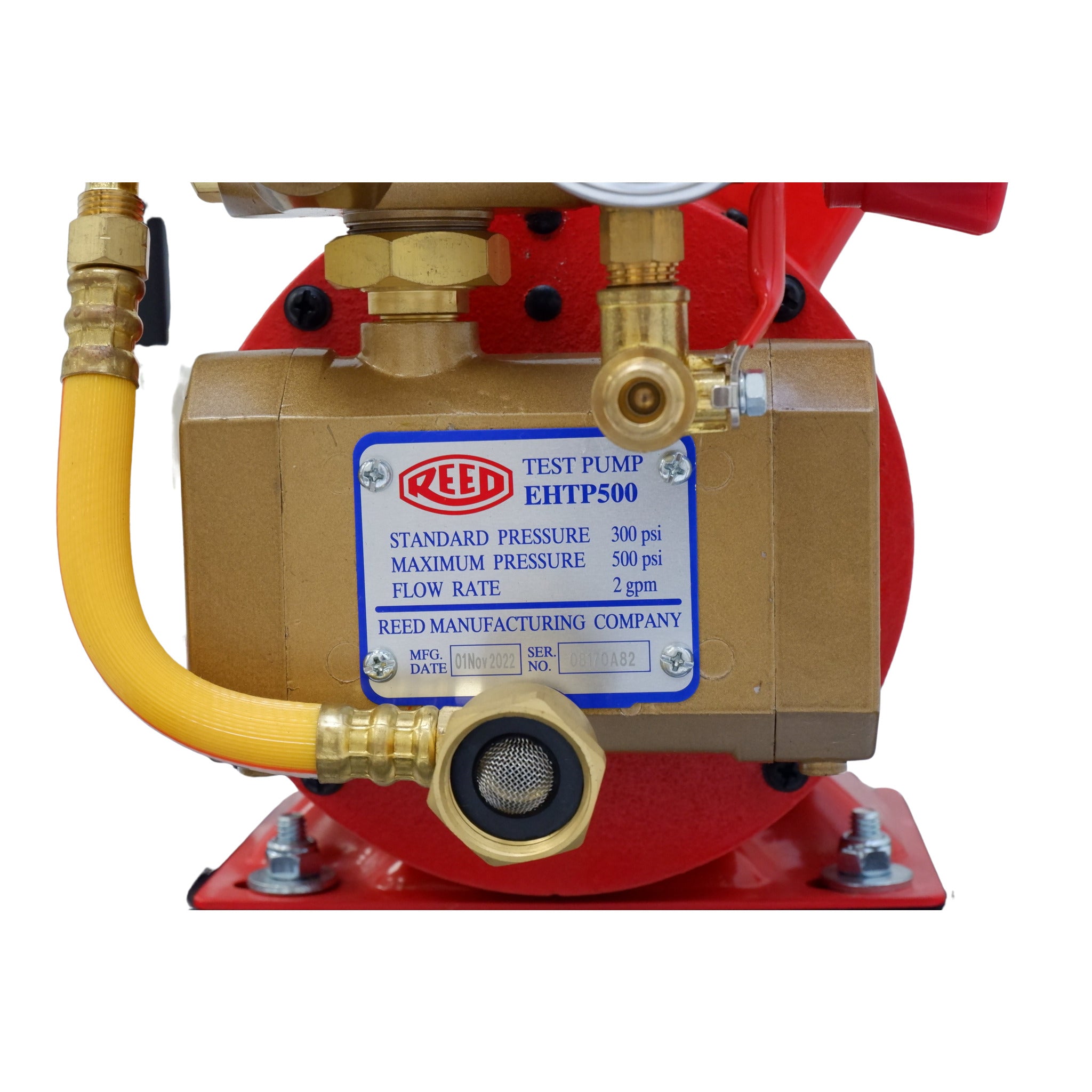 REED hydrostatic test pump motor with specification plate and fittings