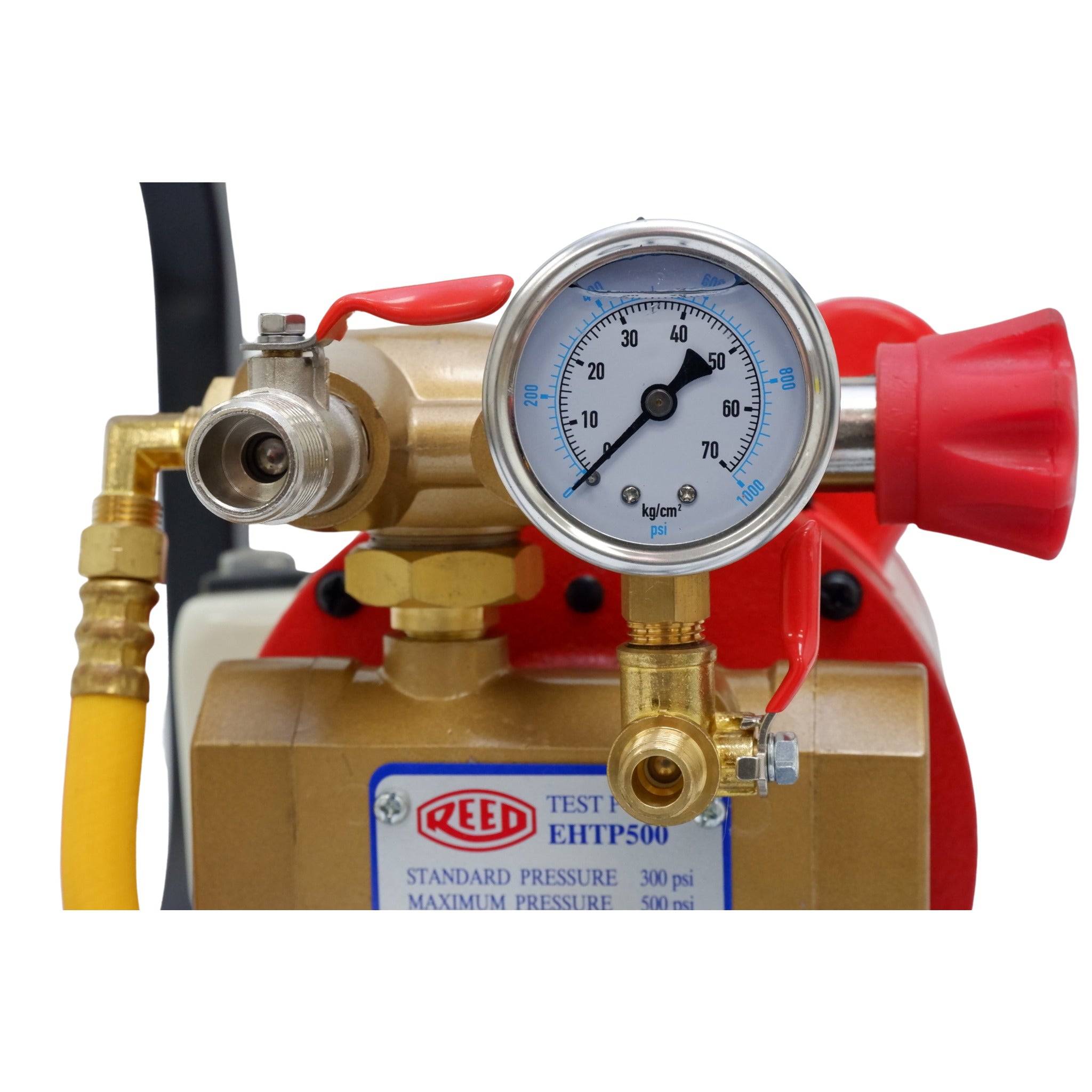 Hydrostatic test pump pressure gauge and valve assembly close up