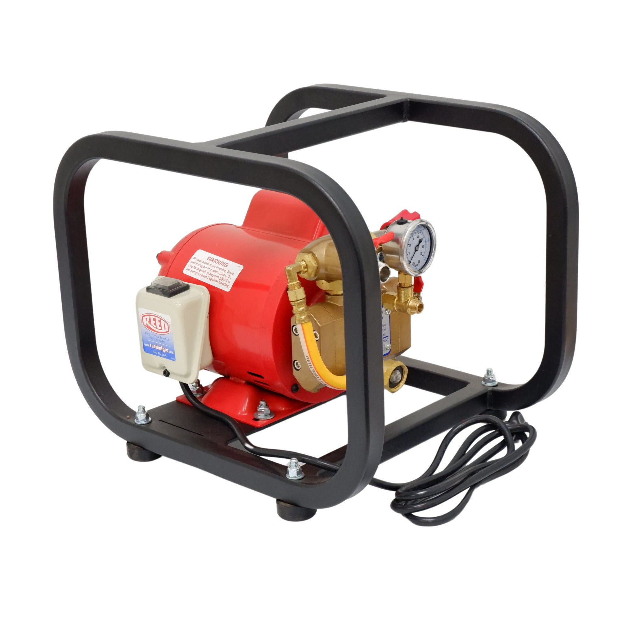 REED hydrostatic test pump with protective cage and power cord
