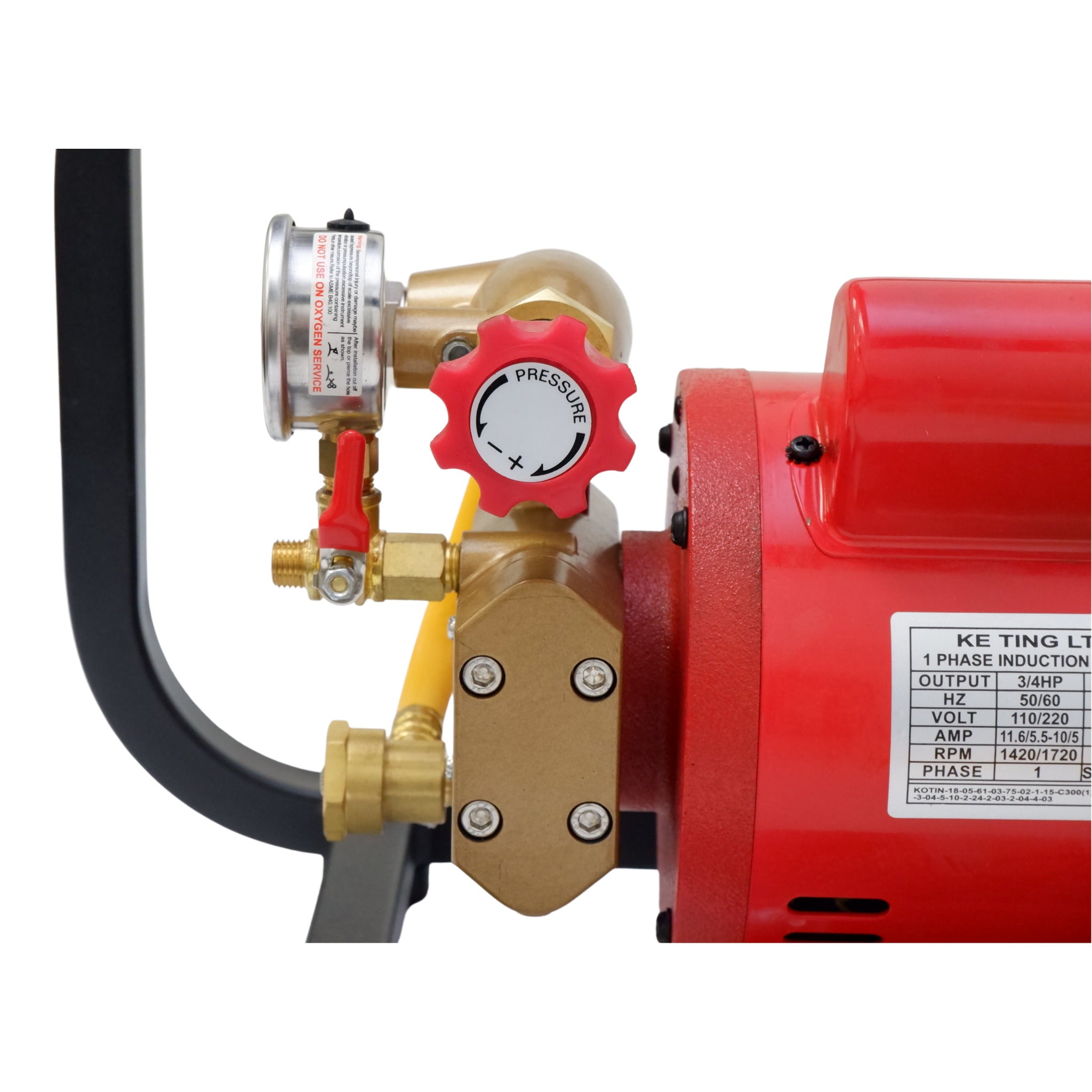 Hydrostatic test pump pressure regulator knob and gauge close up