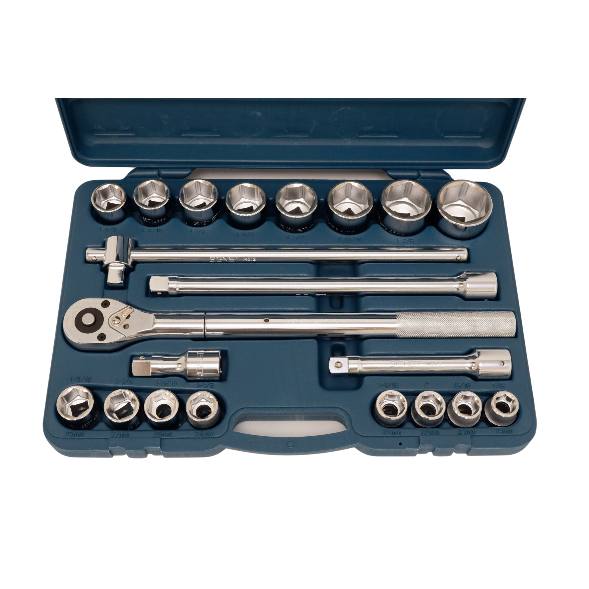 Signet 3/4 drive 21 piece SAE socket set organized in open case