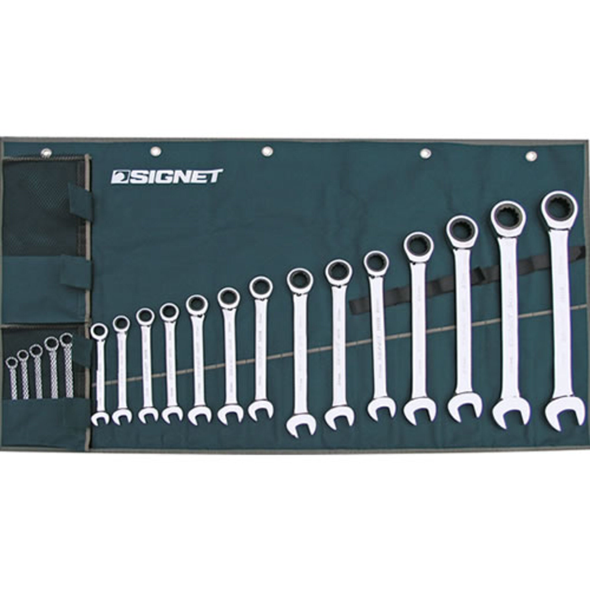 Signet ratcheting wrench set laid out showing multiple sizes