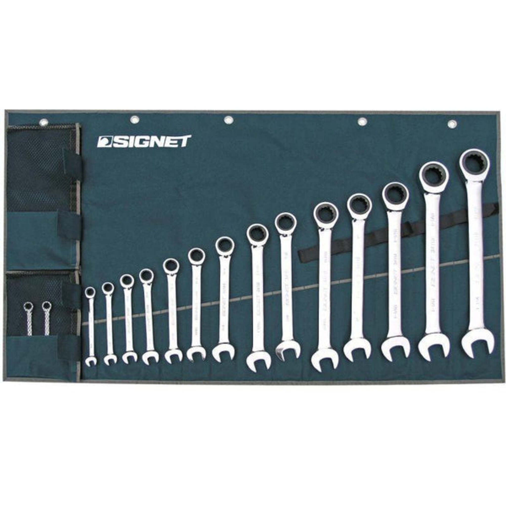 Signet ratcheting wrench set organized showing full range of sizes