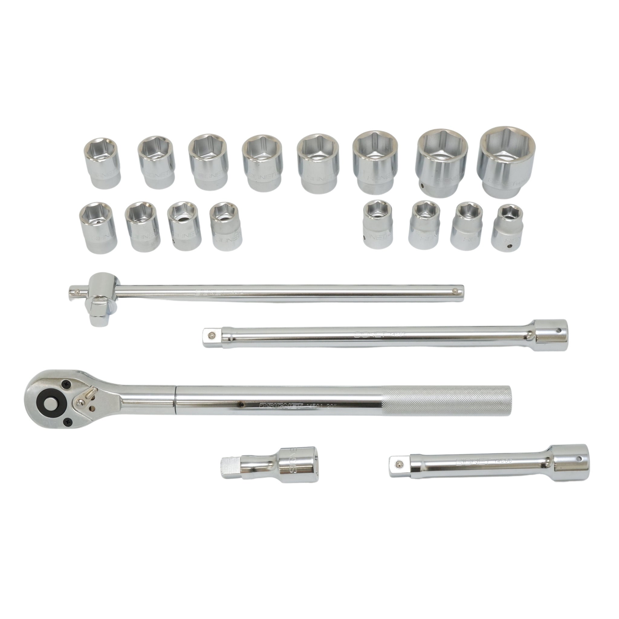 Close up of multiple SAE socket sizes from Signet set