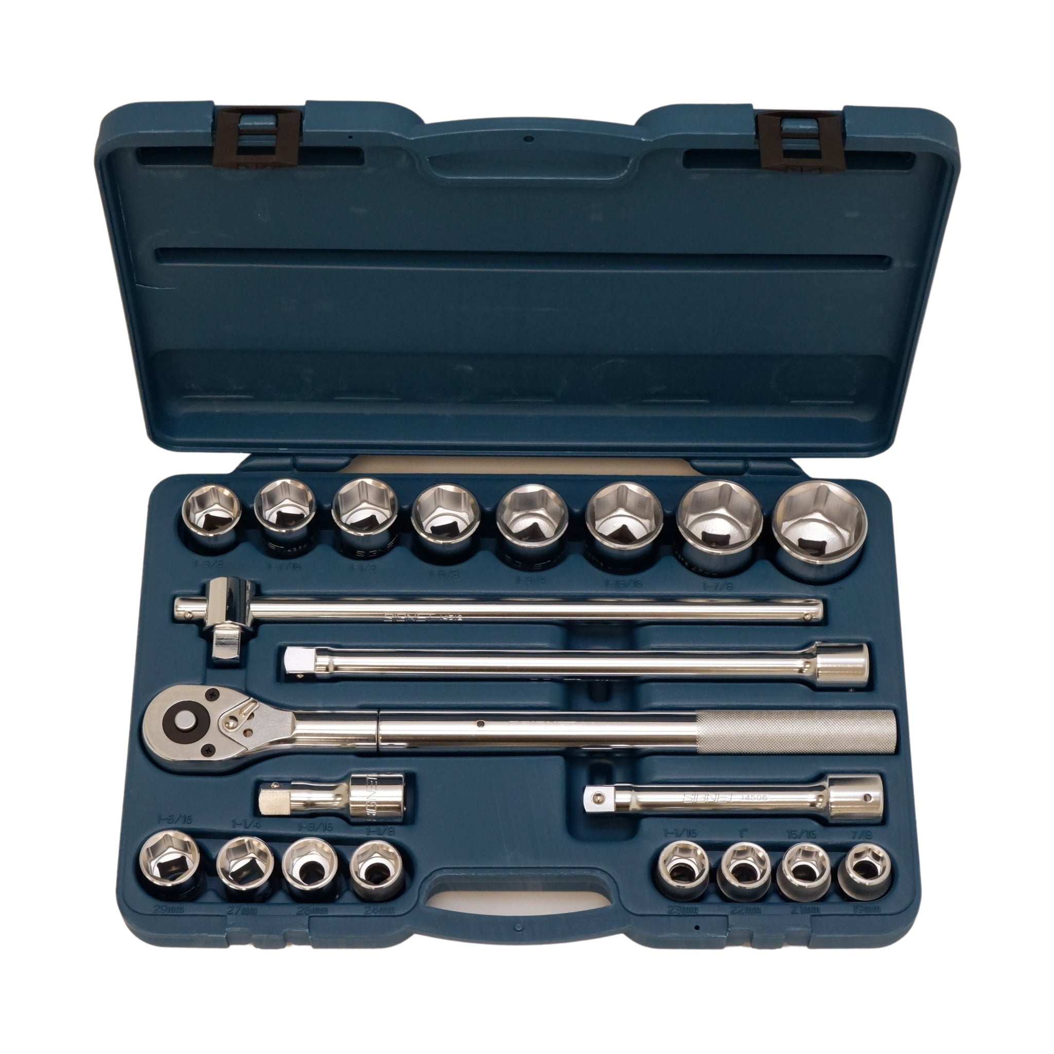 Complete Signet SAE socket set with ratchet extensions and sockets displayed