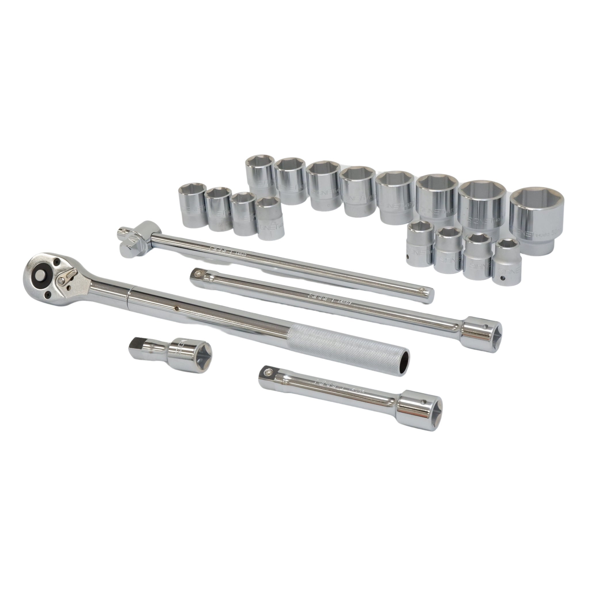 Ratchet handle extensions and accessories included in Signet socket set