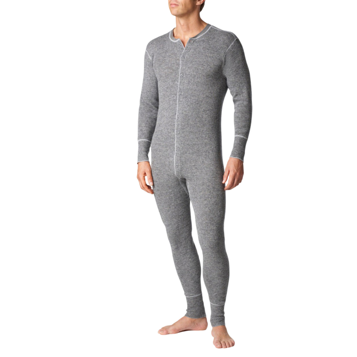 Man wearing Stanfield's 1300 heavy weight wool onesie in grey with full button front, front view