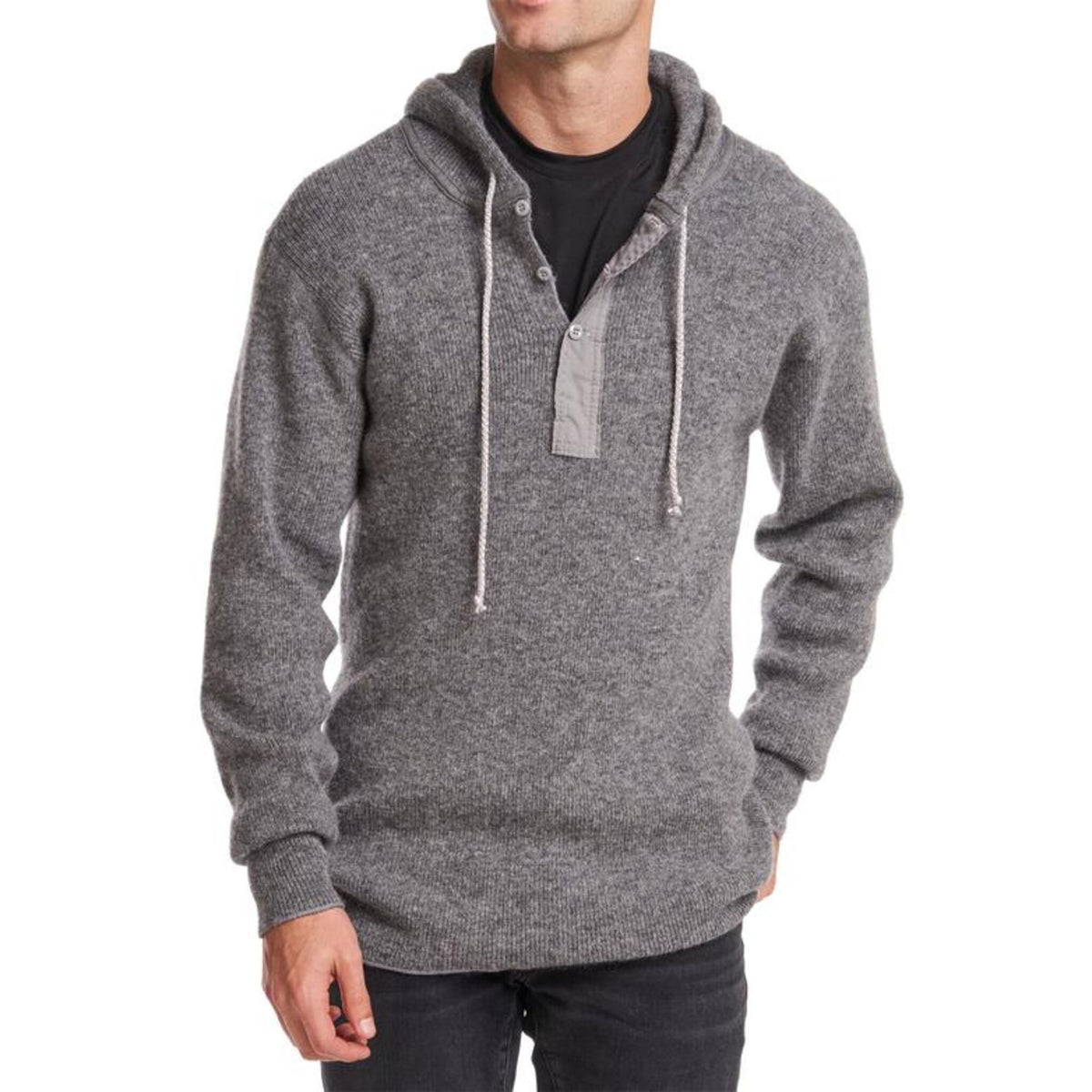 Close-up of Stanfield's 1329 heavy weight wool henley hoodie in grey with 3-button placket and drawstring hood