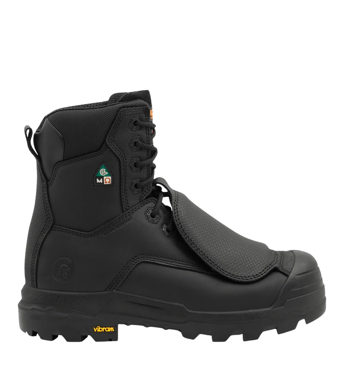 Left side view of Vulcan black work boot with external metguard