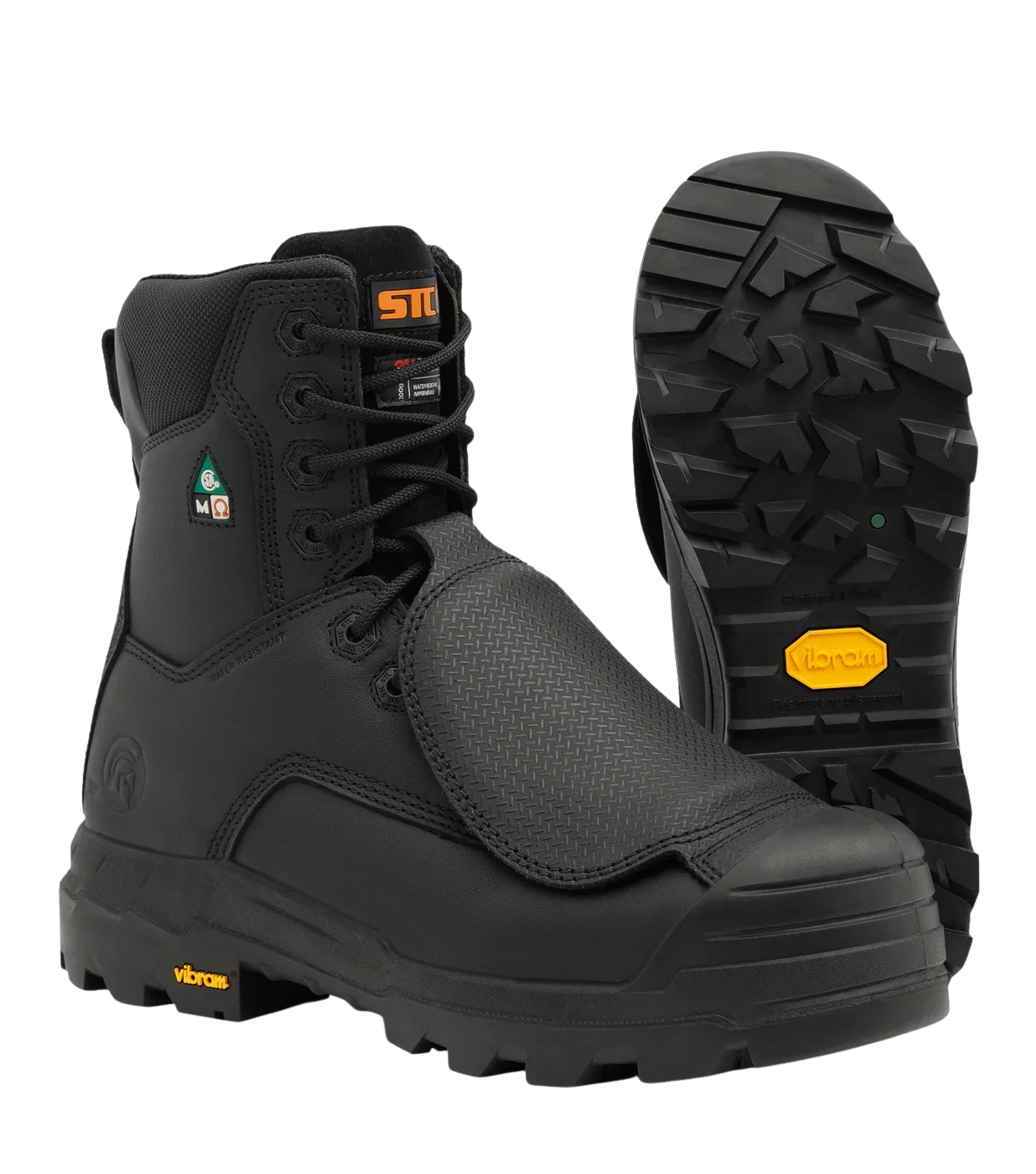 Vulcan black 8-inch work boots with external metguard and Vibram outsole