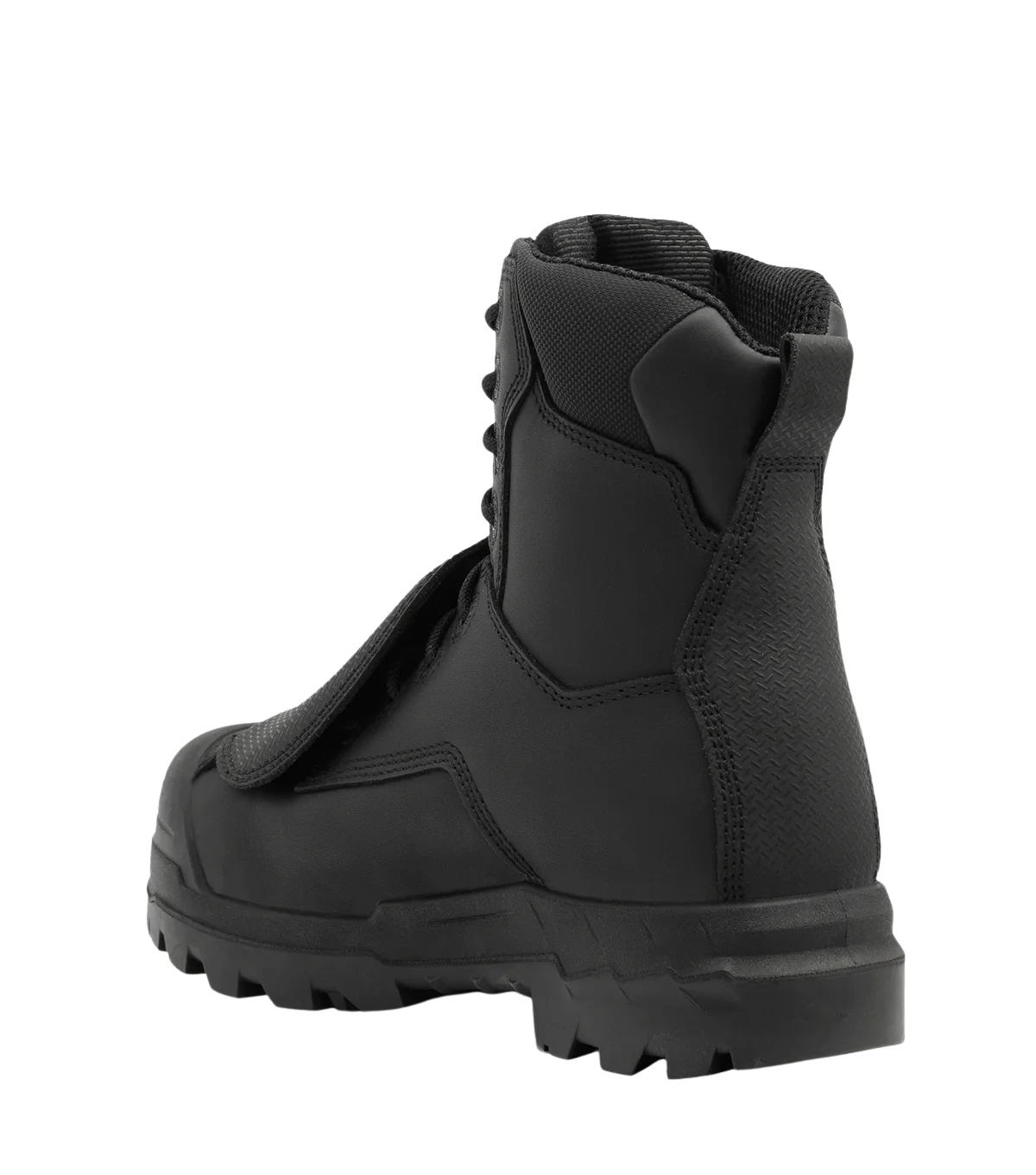 Rear angle view of Vulcan black work boot with external metguard