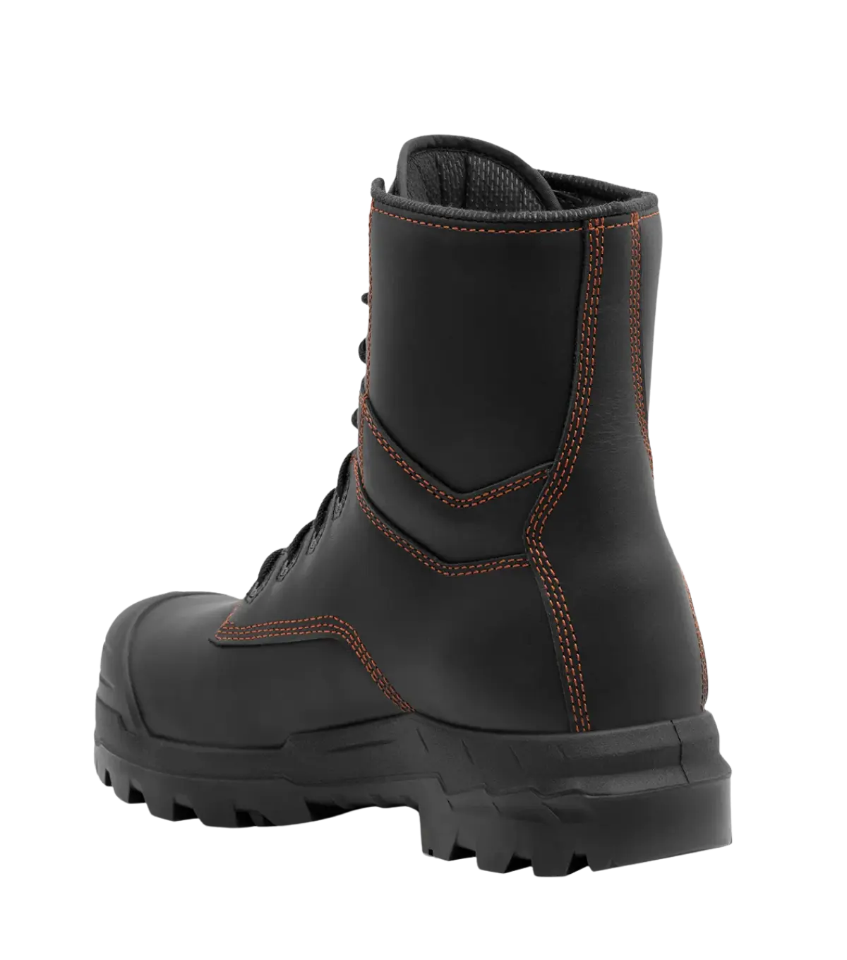 Rear angle view of Waston black leather boot with orange stitching
