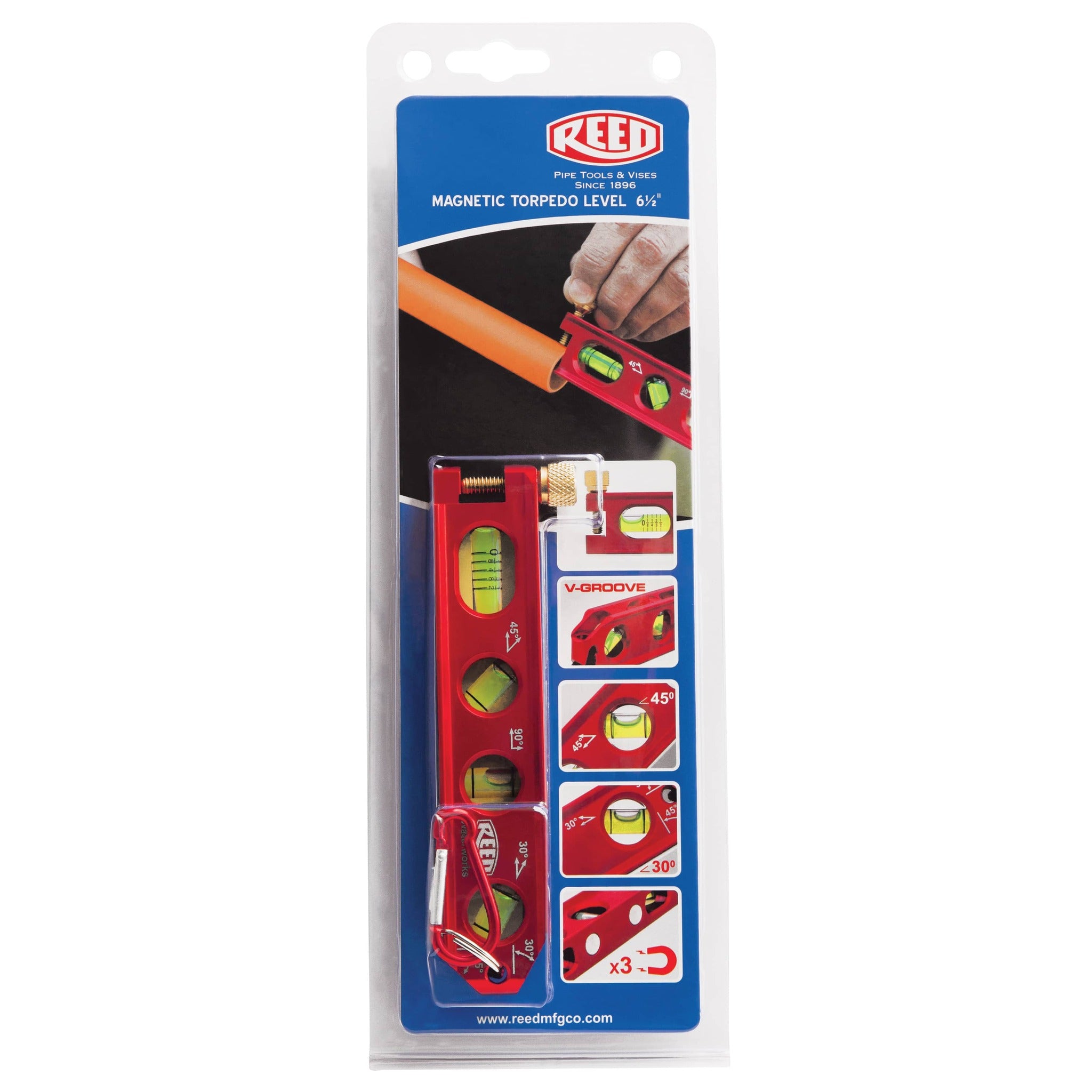 Reed LV6WW Waterworks Torpedo Level with Magnetic Base, 4 High-Vis Vials, V-Groove Edge, Rare Earth Magnets for Pipes & Conduits | 6.5" Compact Size