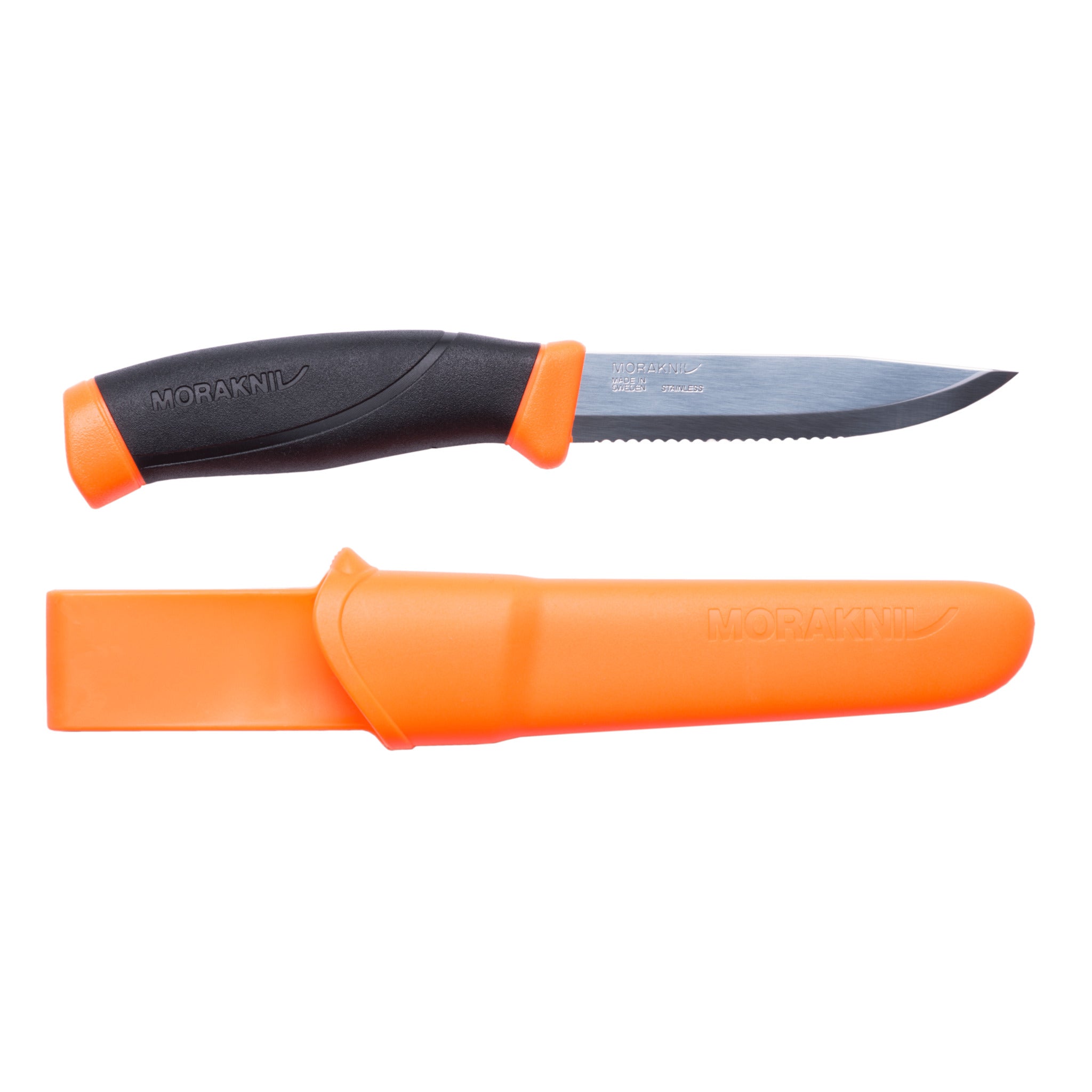 Morakniv Companion 4" Serrated Stainless Steel Blade Knife with Hi-Vis Orange Handle - Ergonomic Grip, and Sheath for Outdoor and Professional Use