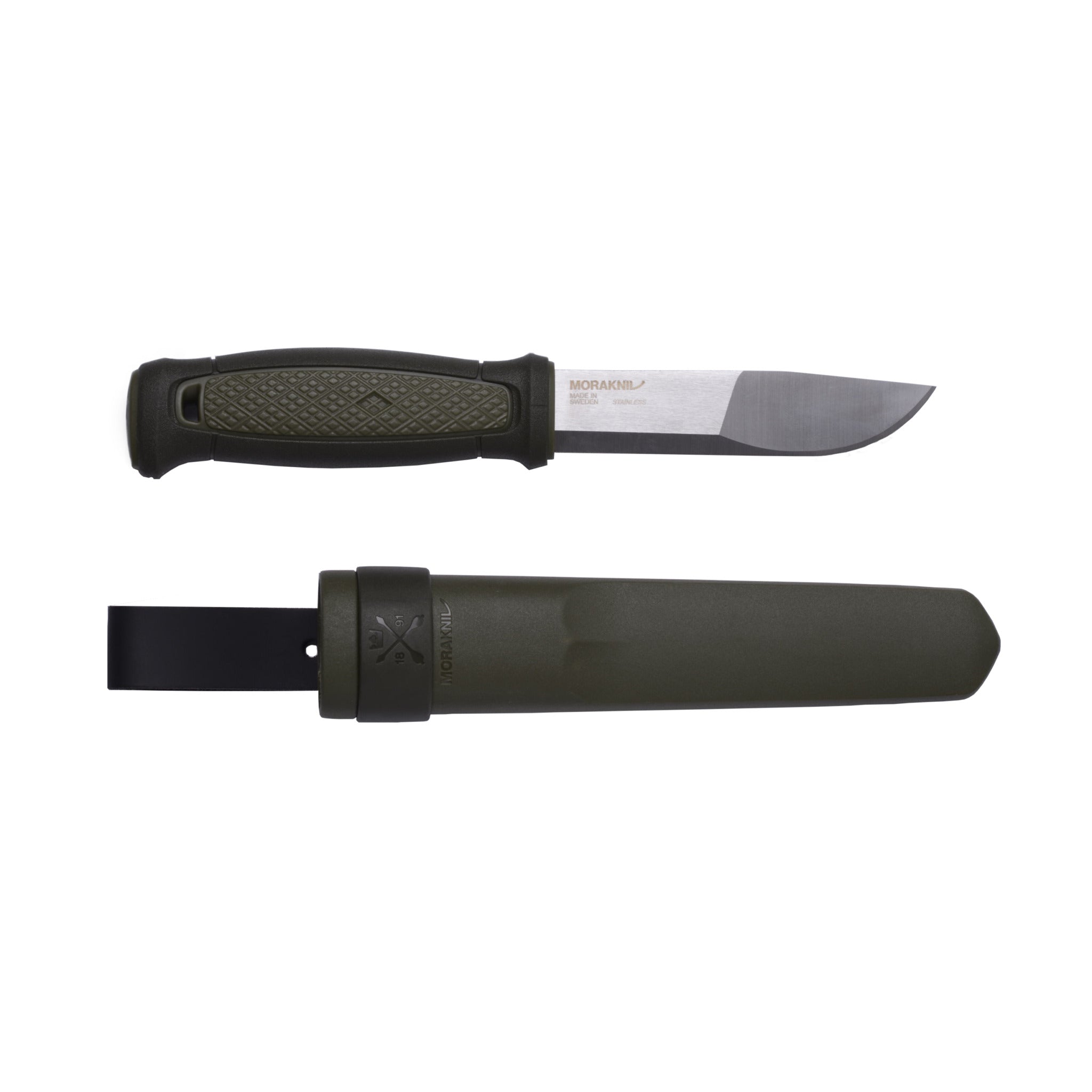 Morakniv Kansbol Camping Knife with Profiled 4.3" Recycled Stainless Steel Blade - Fire Starter Compatible, Ergonomic Handle, and Sheath | Dark Green