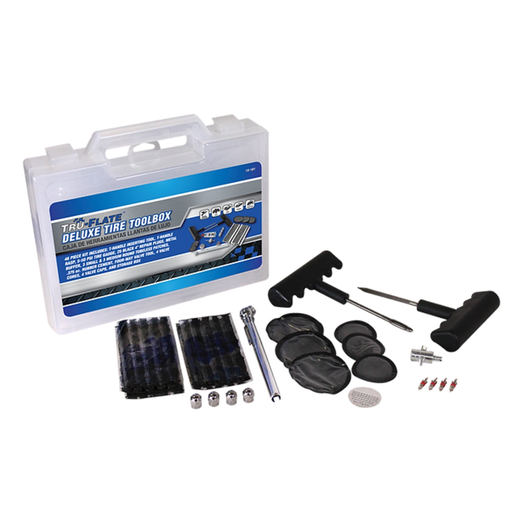 Tru-Flate Complete Tire Repair Tool Box - 46 Piece | All-in-One Solution for Emergency & Permanent Repair | Automotive, Bicycle, Lawn Equipment Tires