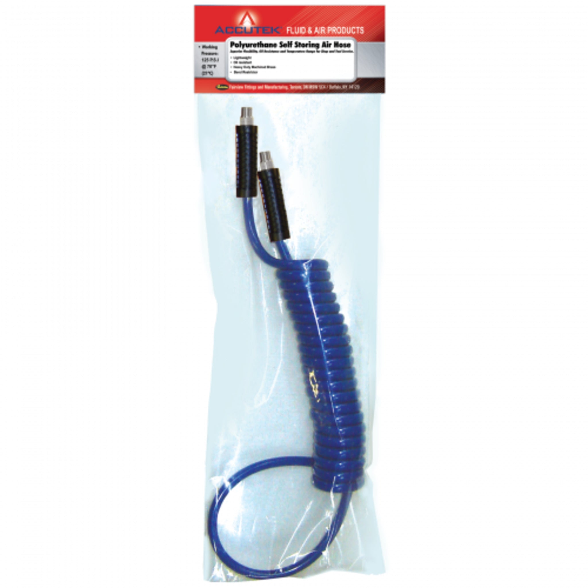 Accutek Supreme Blue Polyurethane Self-Storing Recoiling Air Hose Assemblies | Male Swivels, Lightweight, Kink Resistant, Chemical Resistant, 125 PSI, -40°F to +175°F