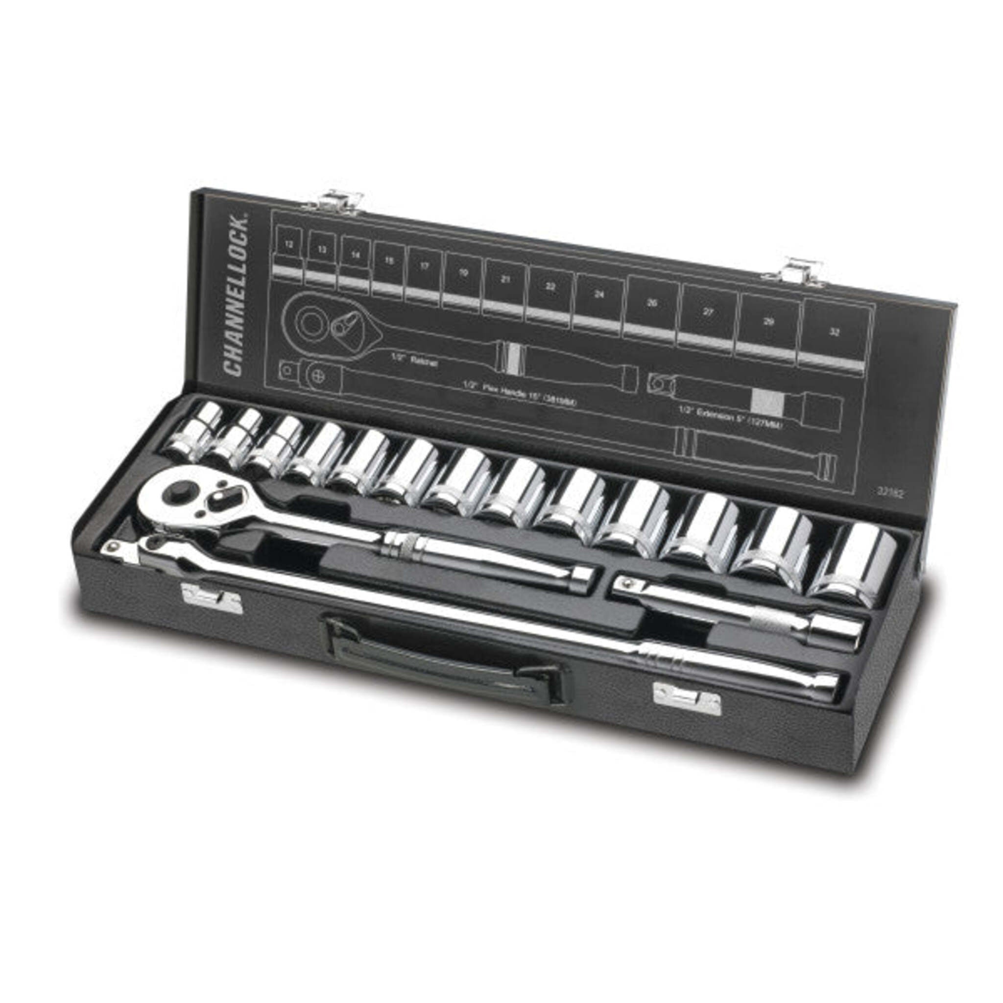 ChannelLock 32162 1/2" Metric Drive Socket Set with DYNA DRIVE Technology, 45 Gear Teeth Ratchet, 12-32mm Chrome Vanadium Sockets & Steel Case | 16pcs