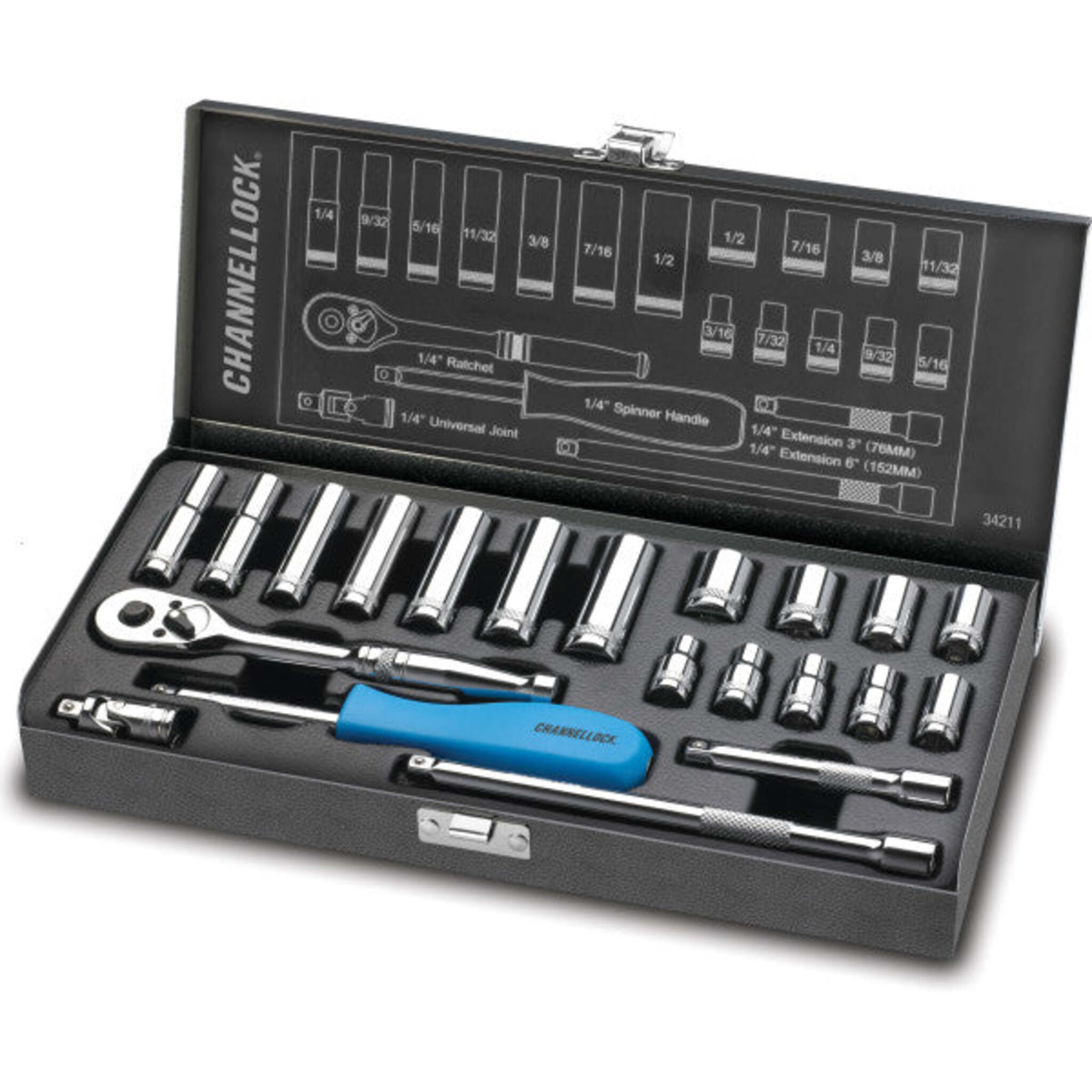 ChannelLock 1/4" SAE Drive Socket Set with DYNA DRIVE® Tech, 45 Gear Teeth Ratchet, Standard & Deep Well Sockets, Extensions & Steel Case | 21PC