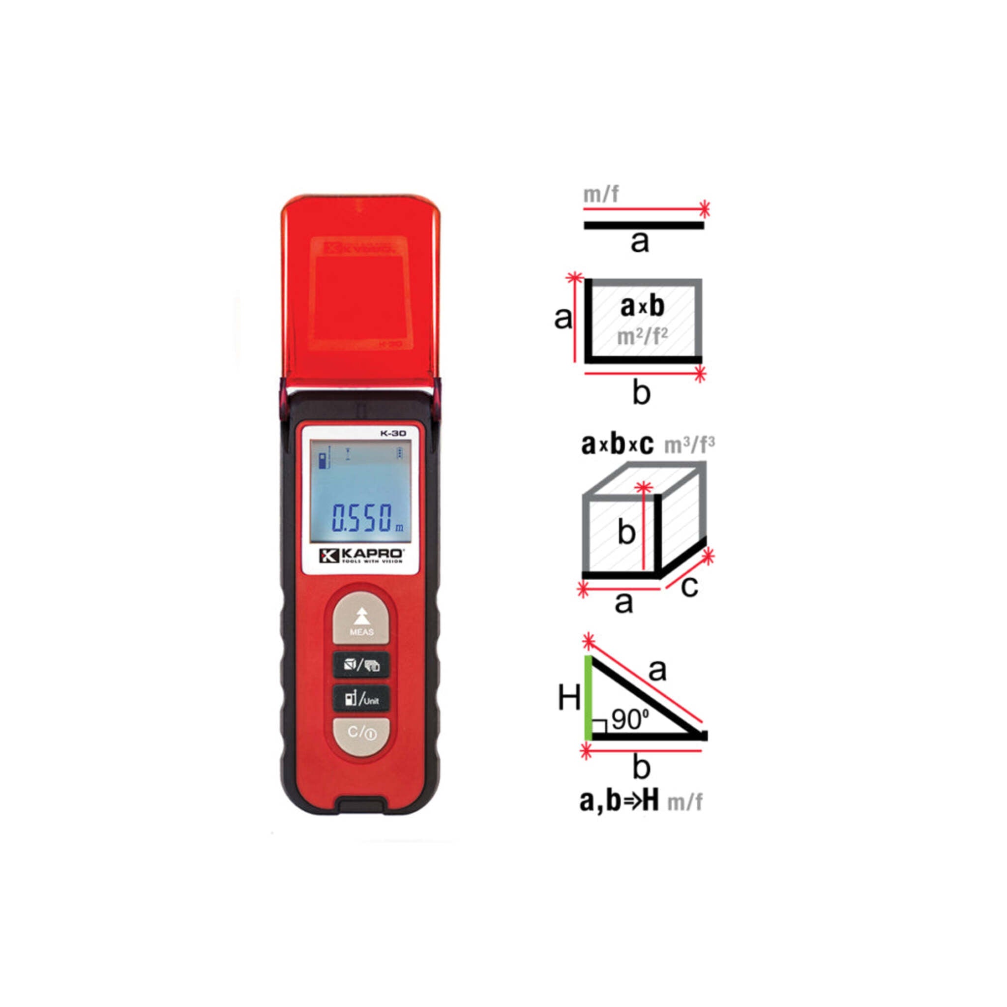 Kapro 363 Kaprometer™ K-30 Laser Distance Measure - Beamfinder™ Flip Cover, 30m Range, ±2mm Accuracy, Backlit LCD, Durable Rubber Casing