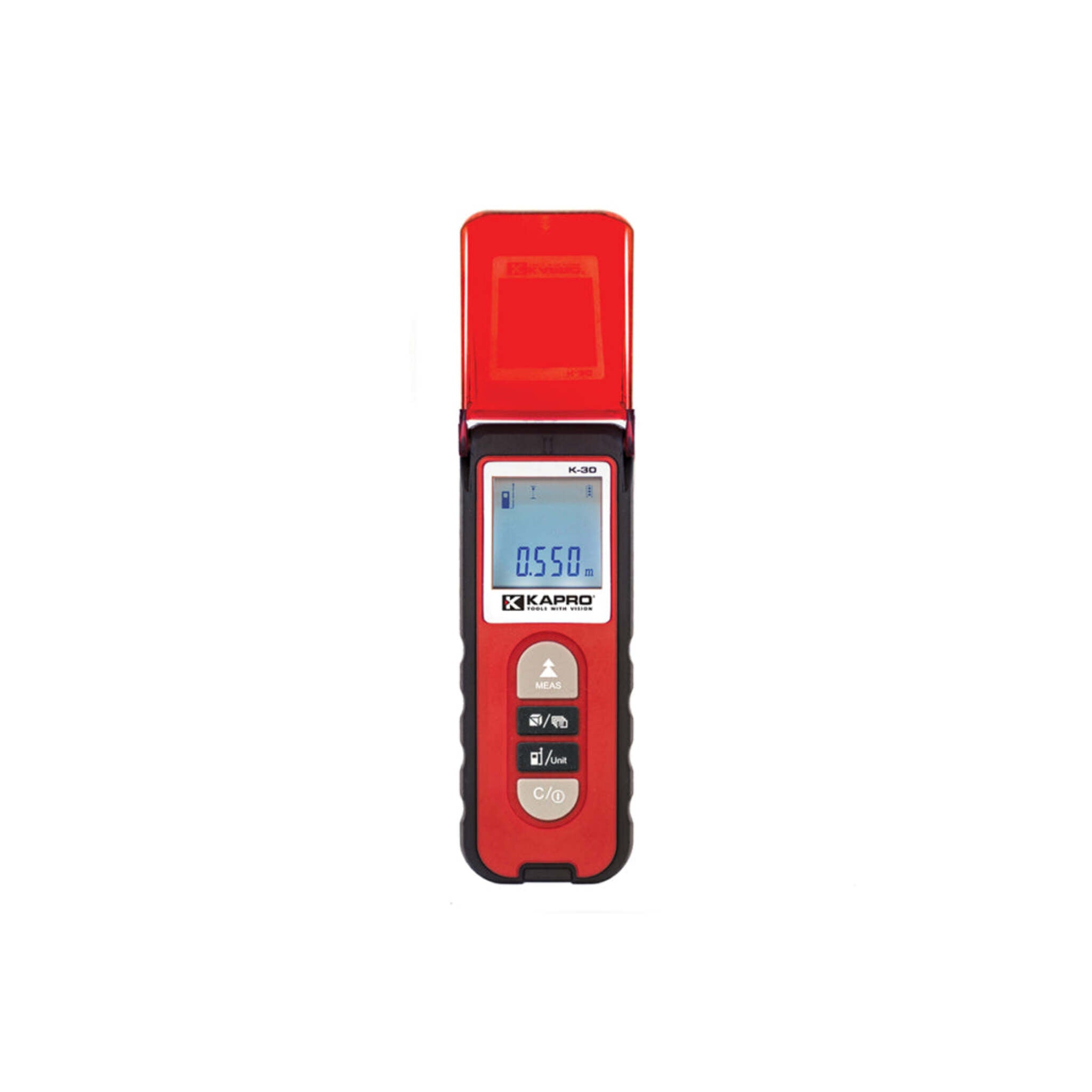 Kapro 363 Kaprometer™ K-30 Laser Distance Measure - Beamfinder™ Flip Cover, 30m Range, ±2mm Accuracy, Backlit LCD, Durable Rubber Casing