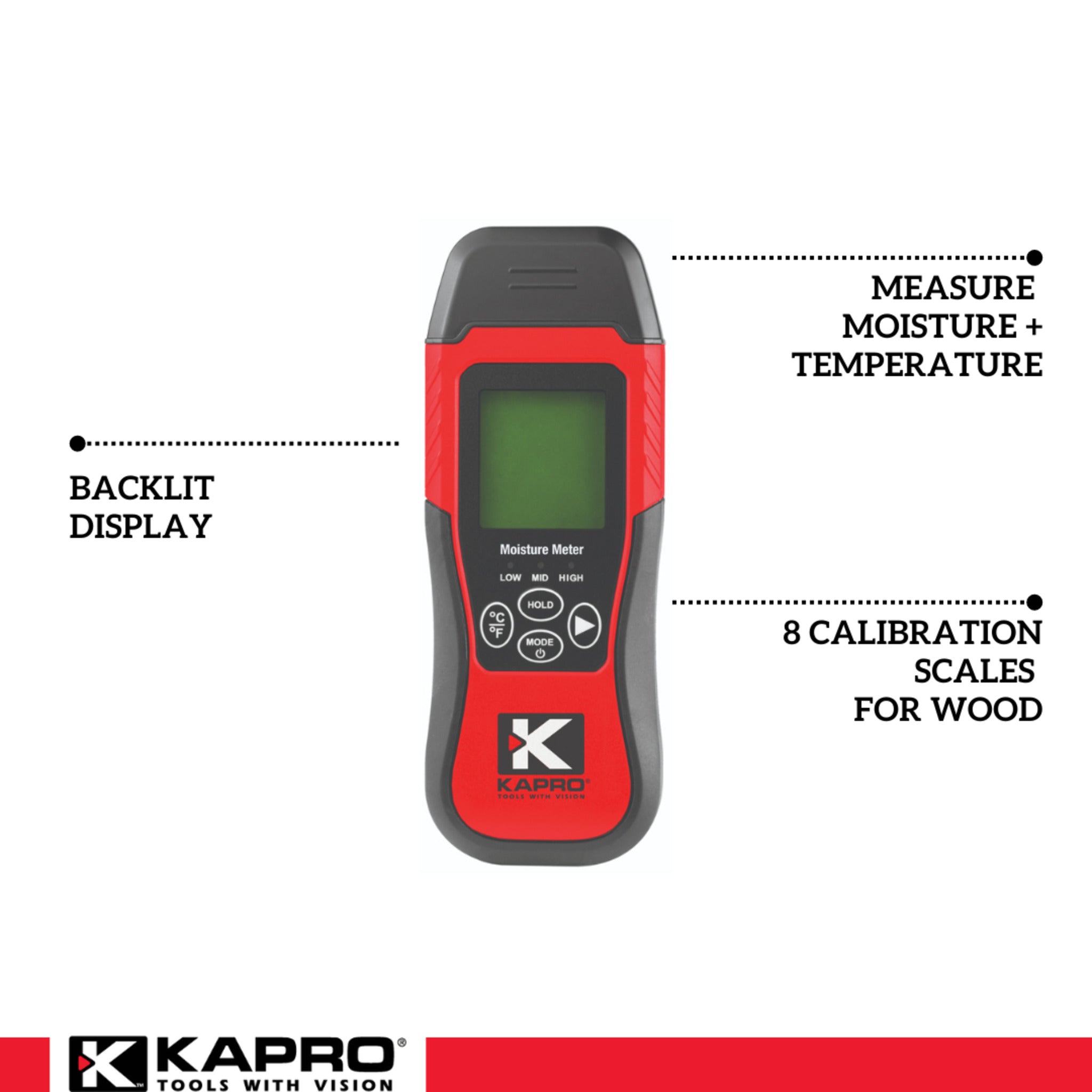 Kapro 379 Moisture Meter with Temperature Detection - 8 Calibration Scales, Backlit LCD, Auto Power-Off, Dual Measurement for Wood & Building Material